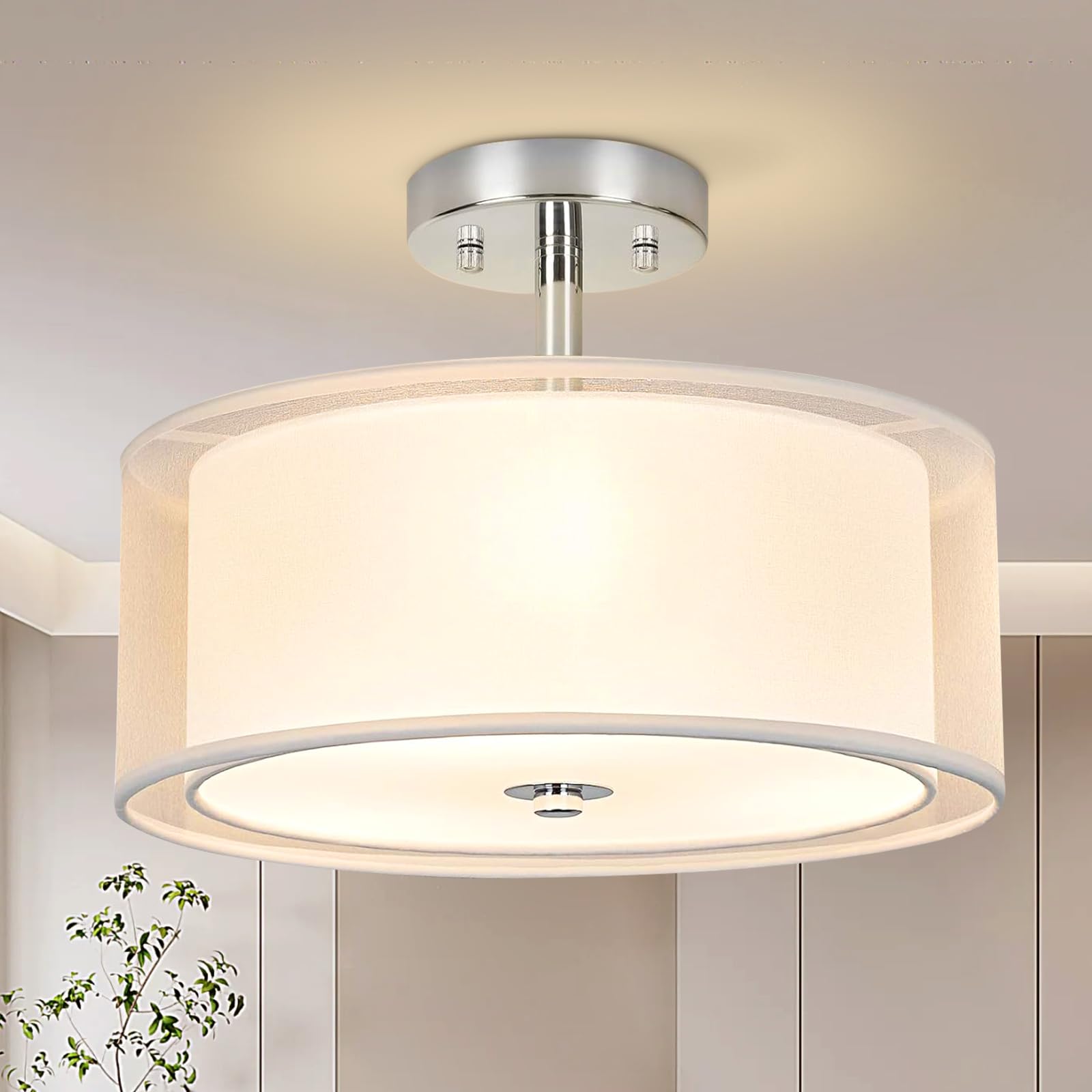 Ceiling Light, 3-Light Ceiling Light Fixture, Semi Flush Mount Ceiling Light, Light Fixtures Ceiling Mount With Double Fabric Shade, Bedroom Lights For Ceiling,White Ceiling Light Fixtures For Bedroom