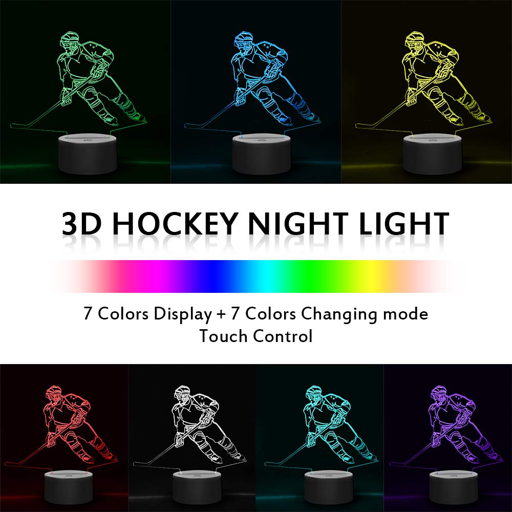 Wiscky 3D Hockey Player Lamp - 7 LED Color Changing Touch Table Lamp, Porcelain, Plastic, Metal, Glass, Cool Gift for Sports Fans