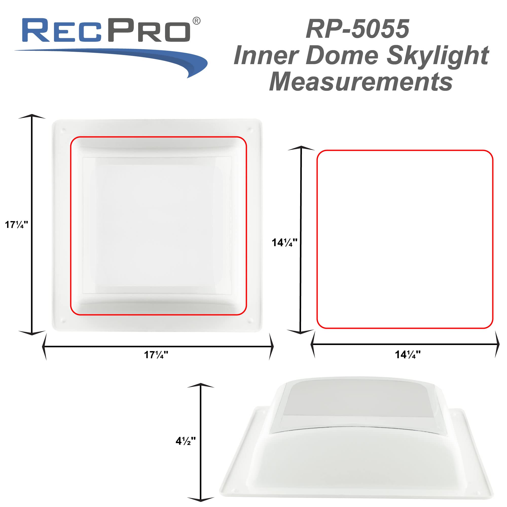RecPro RV Skylight Inner Dome - Clear Window, 14" x 14", Model RP-5055
