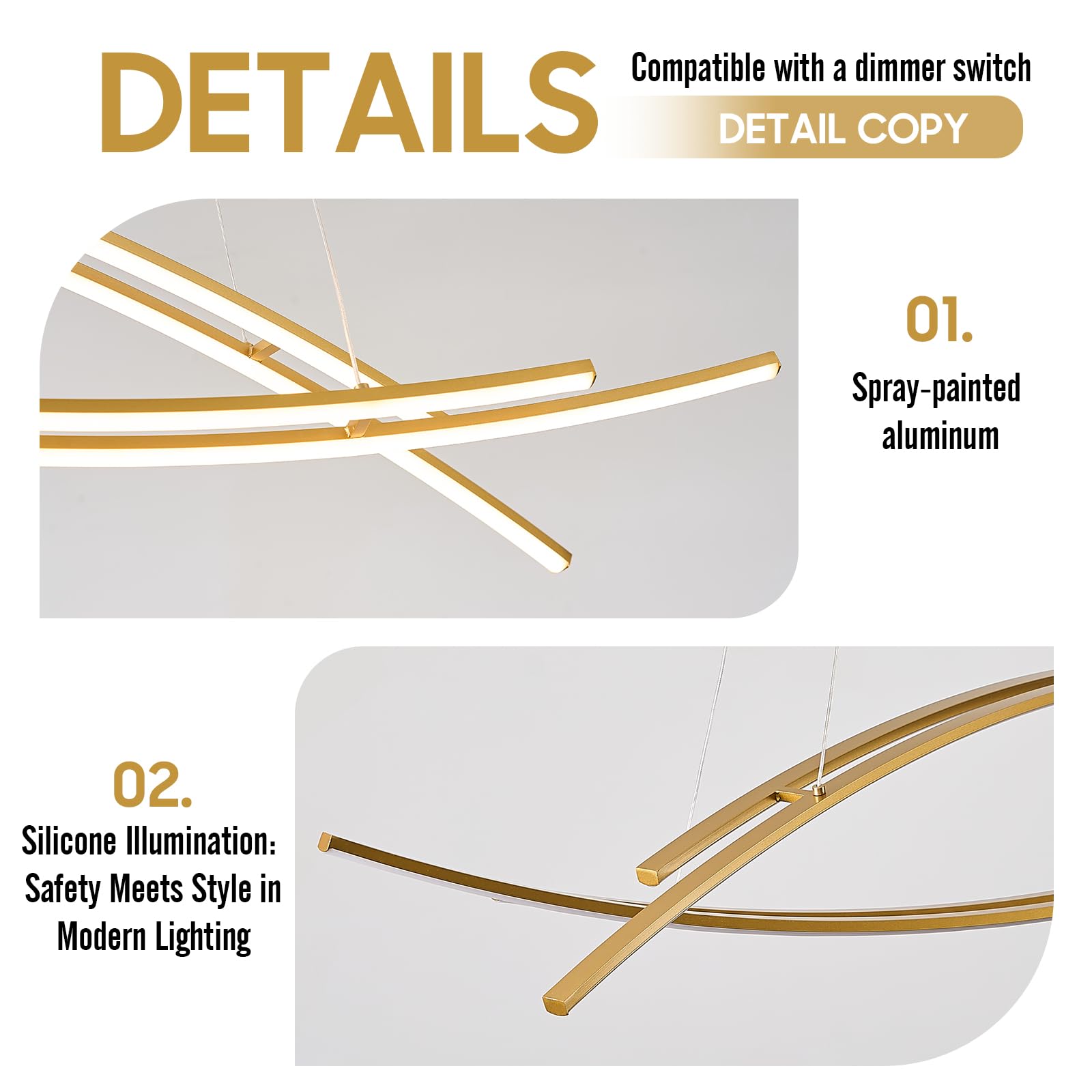AIRYPHANT 48" LED Chandelier - 4-Light Remote Dimmable Pendant Light for Kitchen Island, Aluminum, Gold, Model P2018