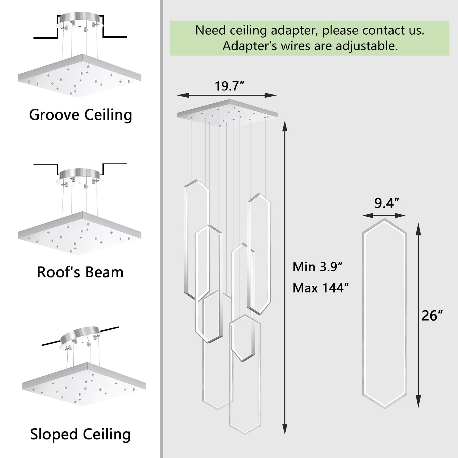 dolria 6 Rings Modern Chandelier LED Dimmable Pendant Light 26in x 9.4in x 118in Silver PC1015-6*65S