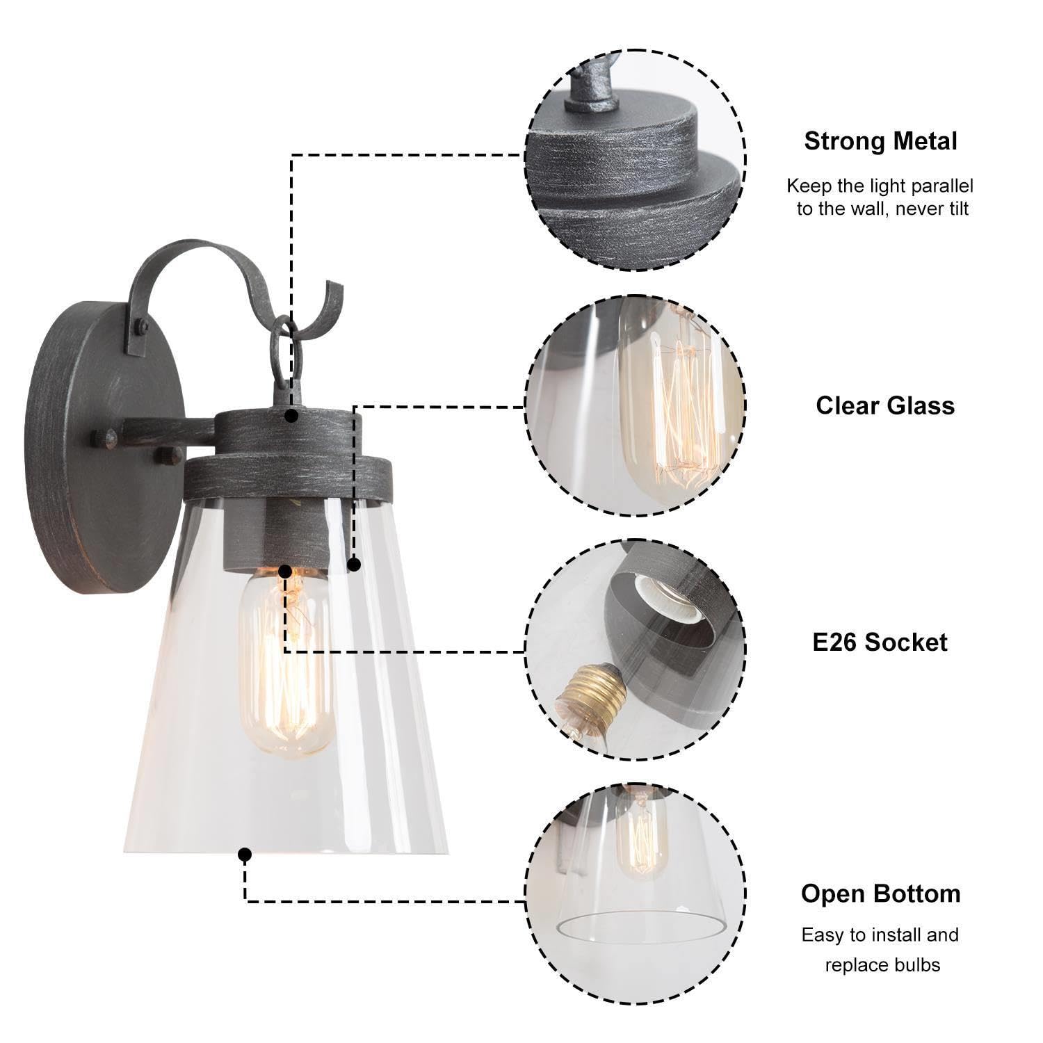 Gepow Outdoor Wall Lights 2 Pack, Brushed Silver Farmhouse Sconces For Porch & Patio