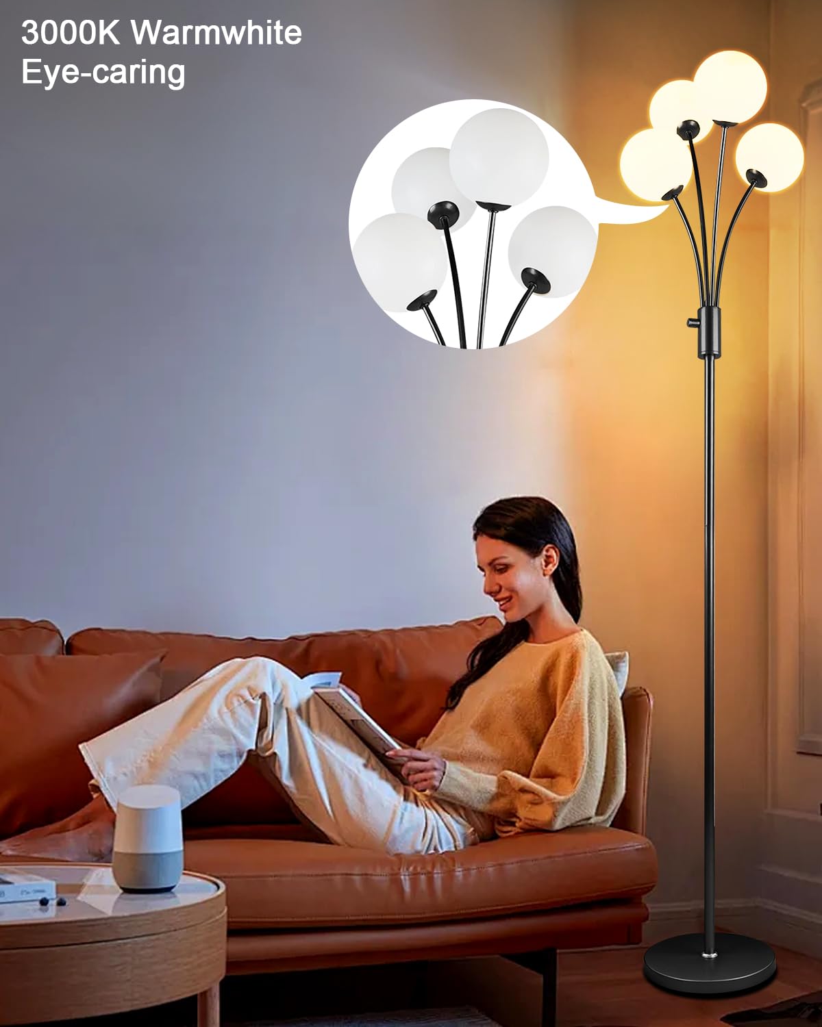 Lightdot 67In Dimmable Globe Floor Lamp 4-Lights Black Standing Lamps With 4Pcs 3000K G9 Bulbs Soft Warm White Mid Century Moder