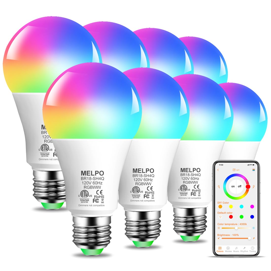 Melpo Rgb Light Bulbs 12W(130W Equivalent), 2700K-6000K,A19 E26 Bluetooth Color Changing Light Bulb Controlled By Brmesh App, 16