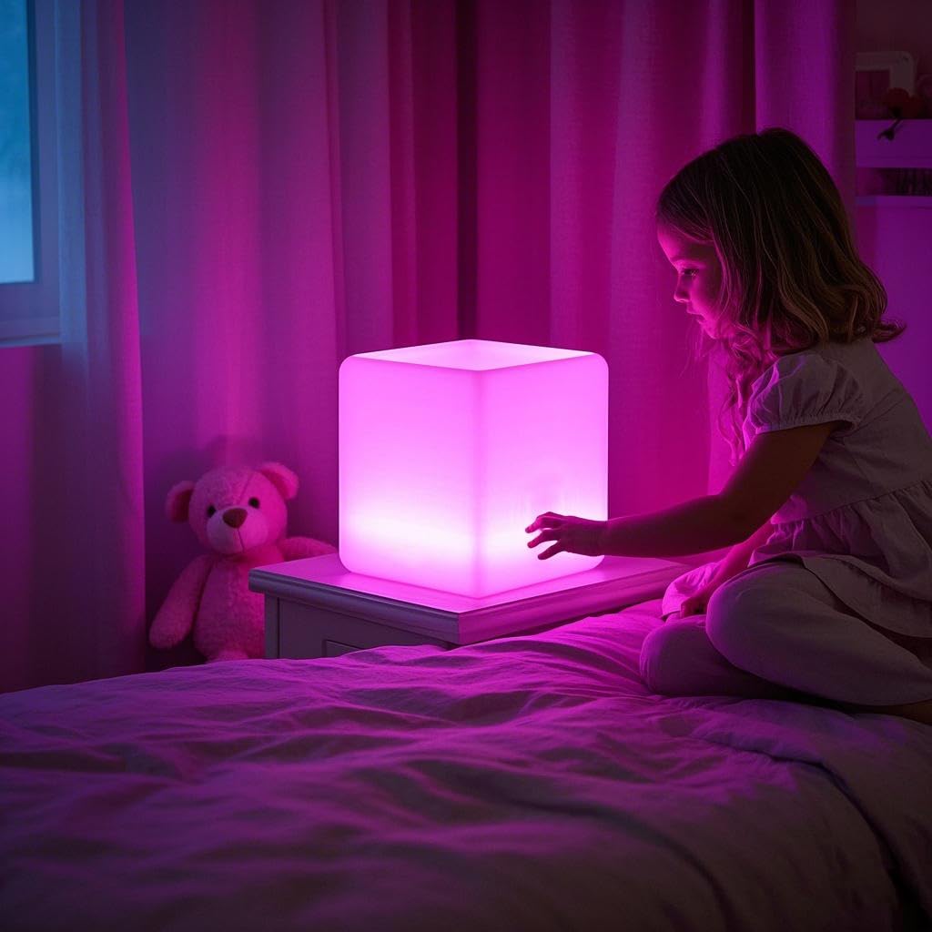 Mr.Go LED Light Cube Stool, 12-inch Rechargeable Mood Lamp, Remote Control, Polyethylene, Decorative Lighting for Home and Kids