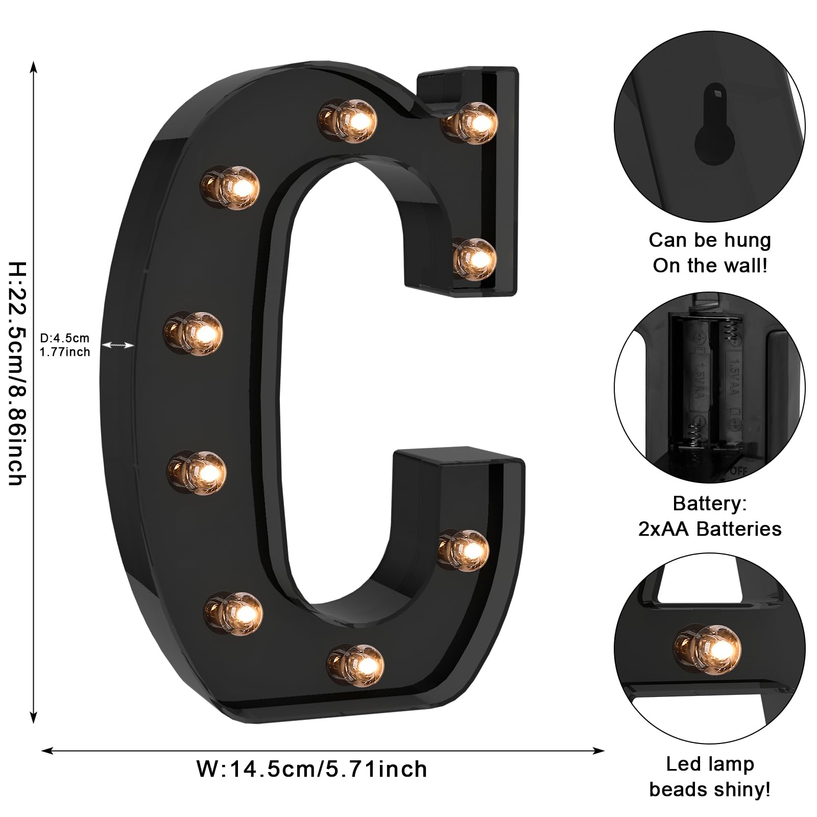 Foaky Black LED Letter Lights for Room Decor - Battery Operated, Size C, Plastic