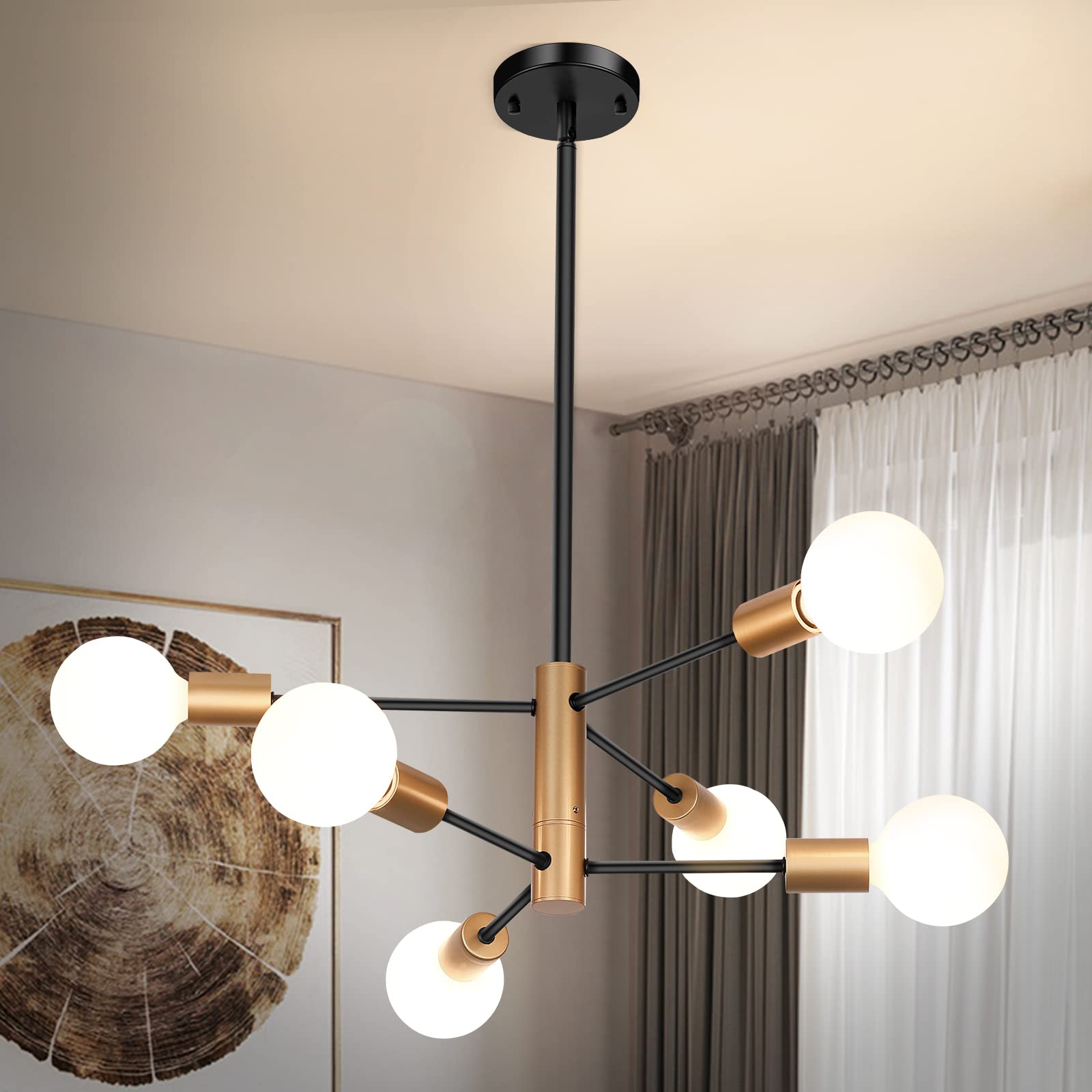 Sheetea 6-Light Sputnik Chandelier, Black And Gold Chandeliers Pendant Lighting, Modern Farmhouse Dinning Room Light Fixture Mid Century Brass, Height Adjustable For Living Room Bedroom Kitchen Island