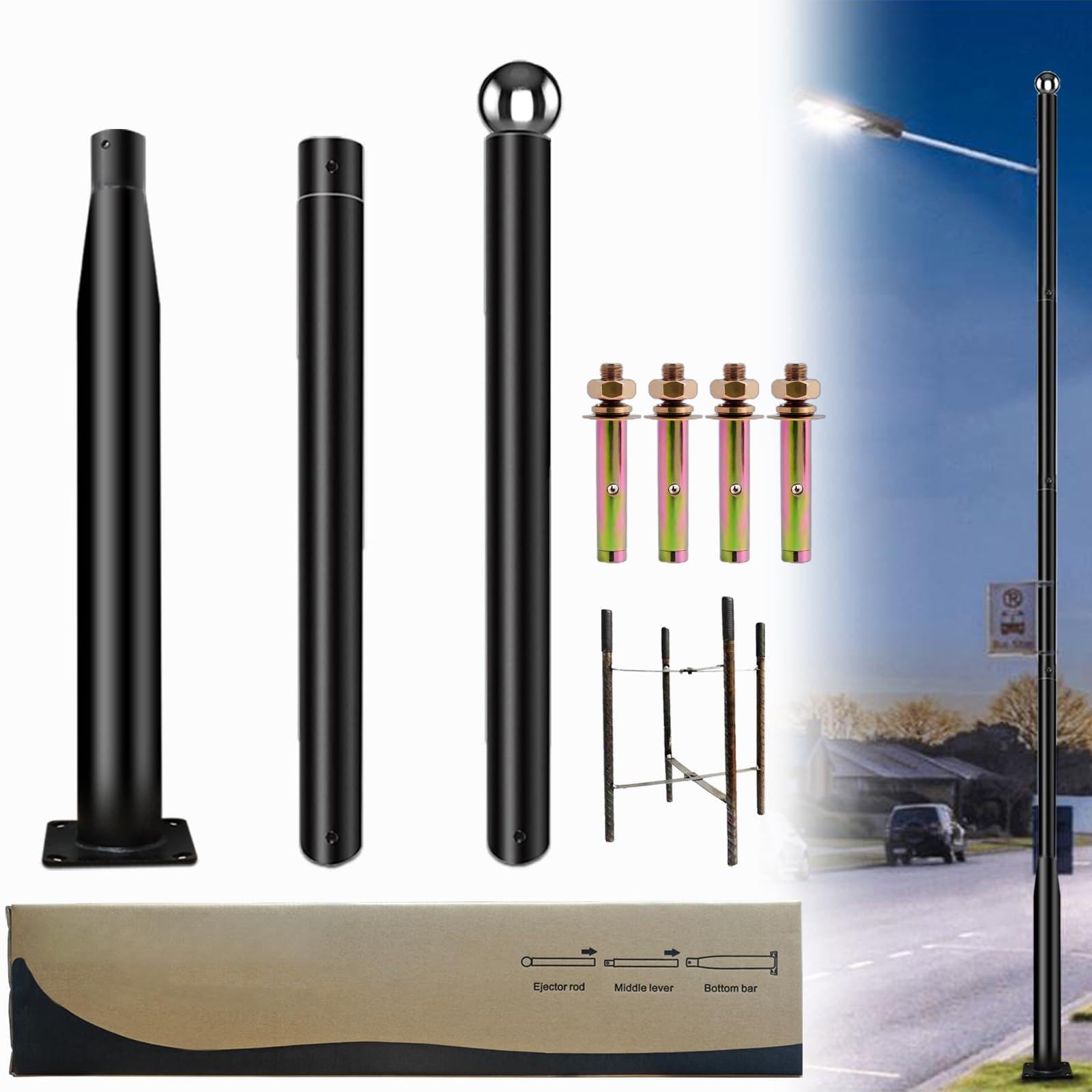 YarPoole Street Light Pole 10 Ft Tall - Outdoor Adjustable Heavy Duty Metal Street Lamp Post for Outside Solar Street Lights wit
