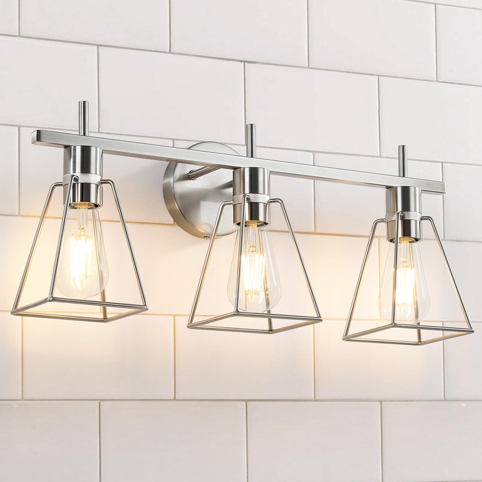 Hahzt Industrial Bathroom Vanity Lights: 3-Lights Silver Brushed Nickel Vintage Metal Cage Wall Lamp - Rustic Farmhouse Light Fixture Over Mirrors Cabinet For Bath Hallway