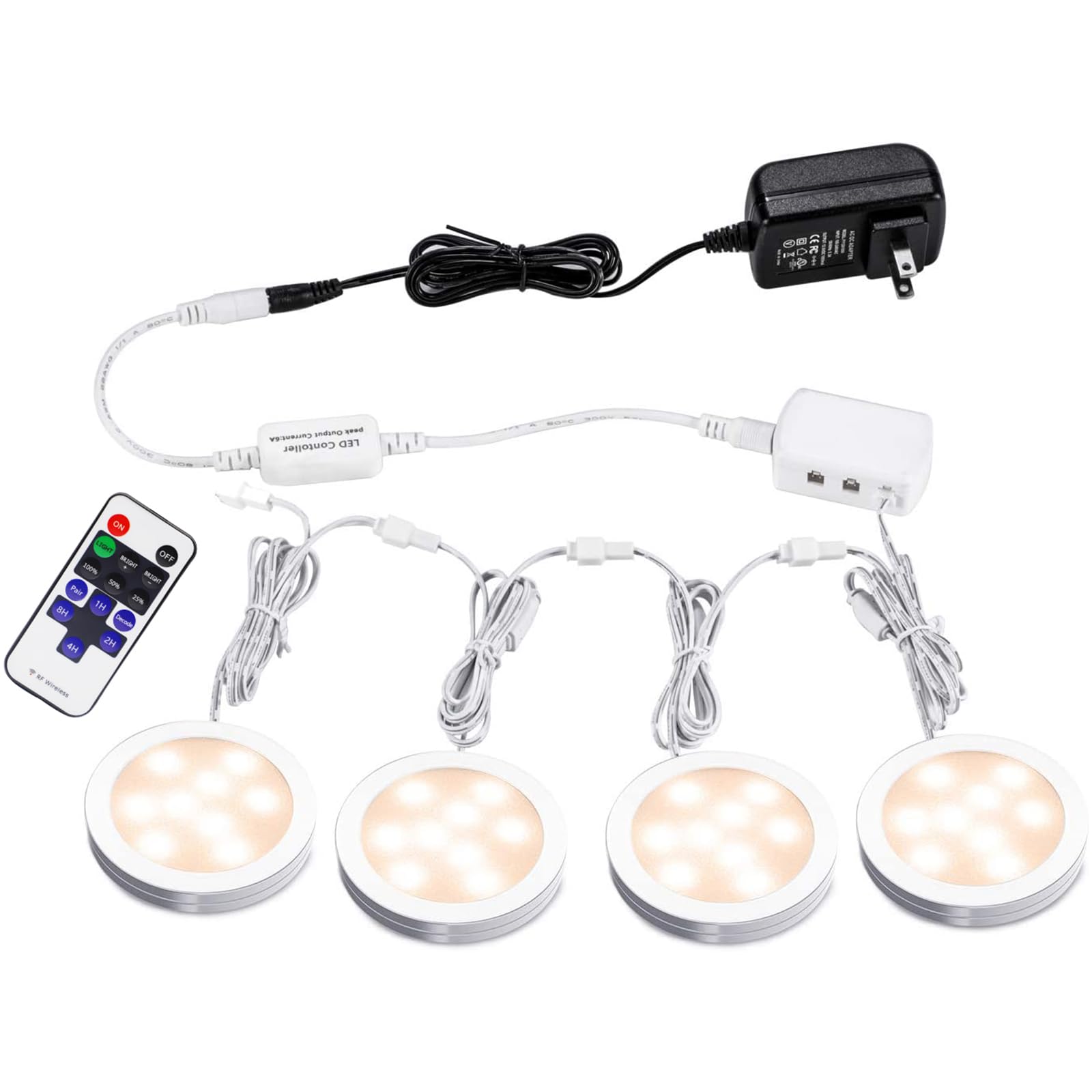 AIBOO LED Under Cabinet Lights, 12V Dimmable Puck Lights, RF Remote Control, Warm White, Model YK-300000197, 4 Lights