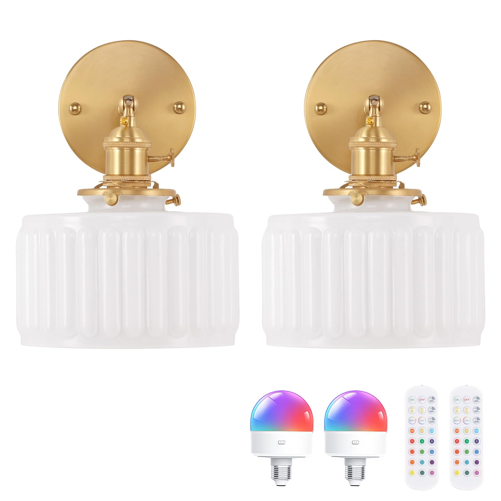 Shenmoyl Vintage Battery Operated Wall Sconce - 5000 mAh Rechargeable with Remote Control - White Striped Glass - Set of 2