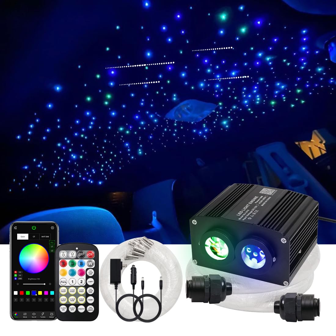 AZIMOM Dual Color 1200pcs 0.03in 13.1ft Twinkle Fiber Optic Starlight Headliner+ Pure White Meteor 240pcs Shooting Star, Sound M