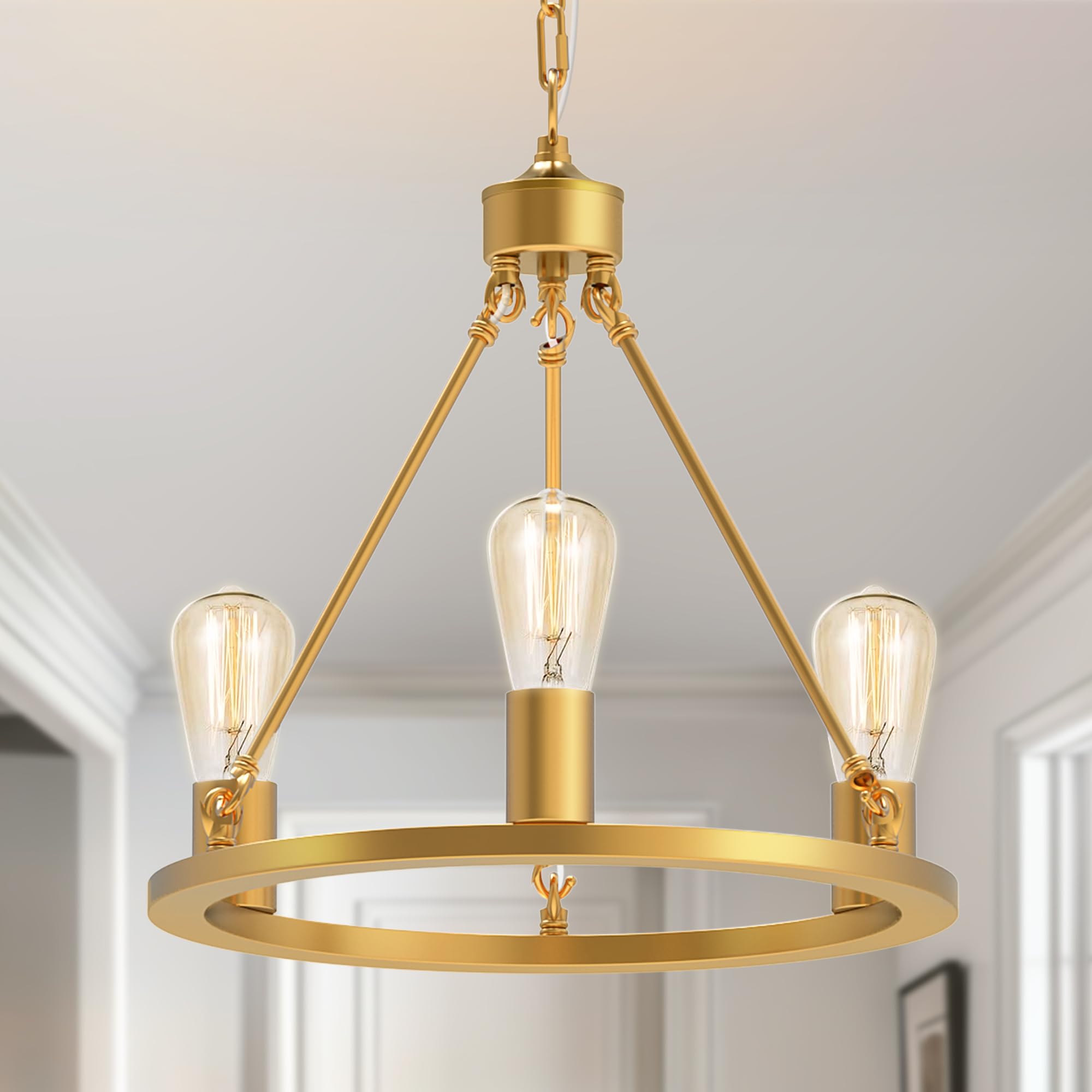L Lohas Led Gold Farmhouse Chandeliers For Dining Room, 3-Light Wagon Wheel Chandelier Over Table, Height Adjustable, 16'' Dinin