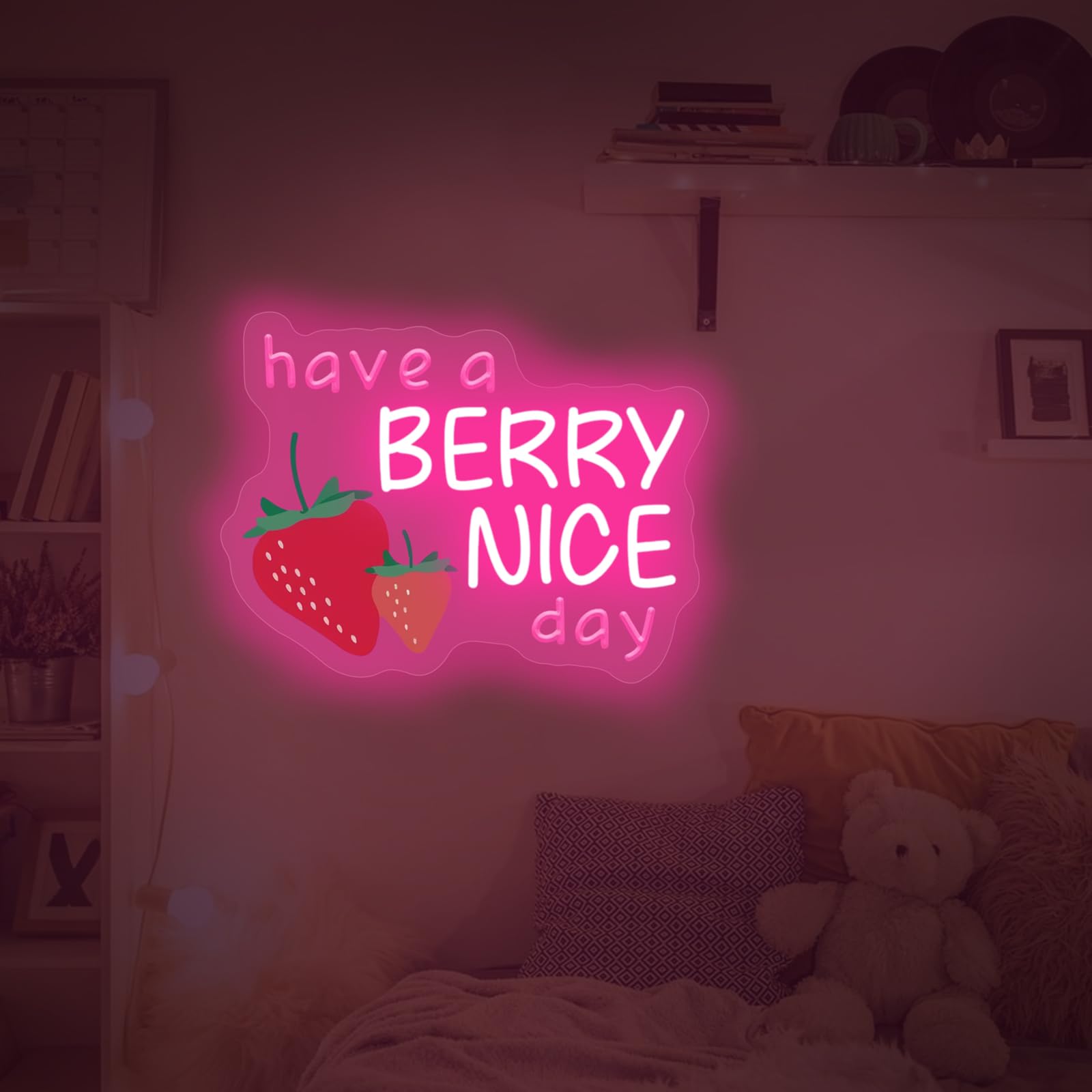 Have A Berry Nice Day Neon Sign  Aesthetic Wall Art  Light Up My Happy Place Sign For Encouraging Light  Vintage Strawberry Decor  Pink Led Light For Bedroom  Club  Gifts For Birthday  Christmas Party