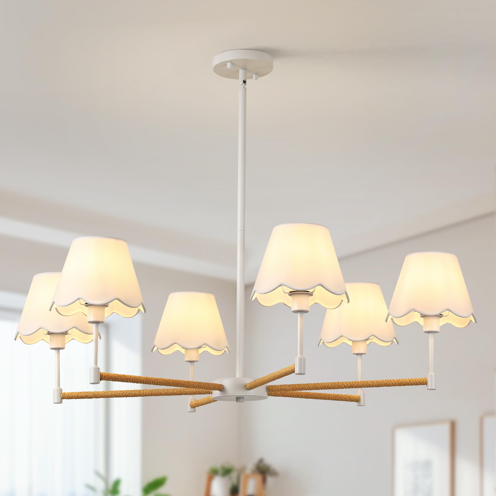 Farmhouse Rattan Chandelier With White Fabric Shade  6-Light Boho Chandeliers For Dining Room  Adjustable Rustic Pendant Light 37.5 Modern White Hanging Lighting For Kitchen Island  Living Room