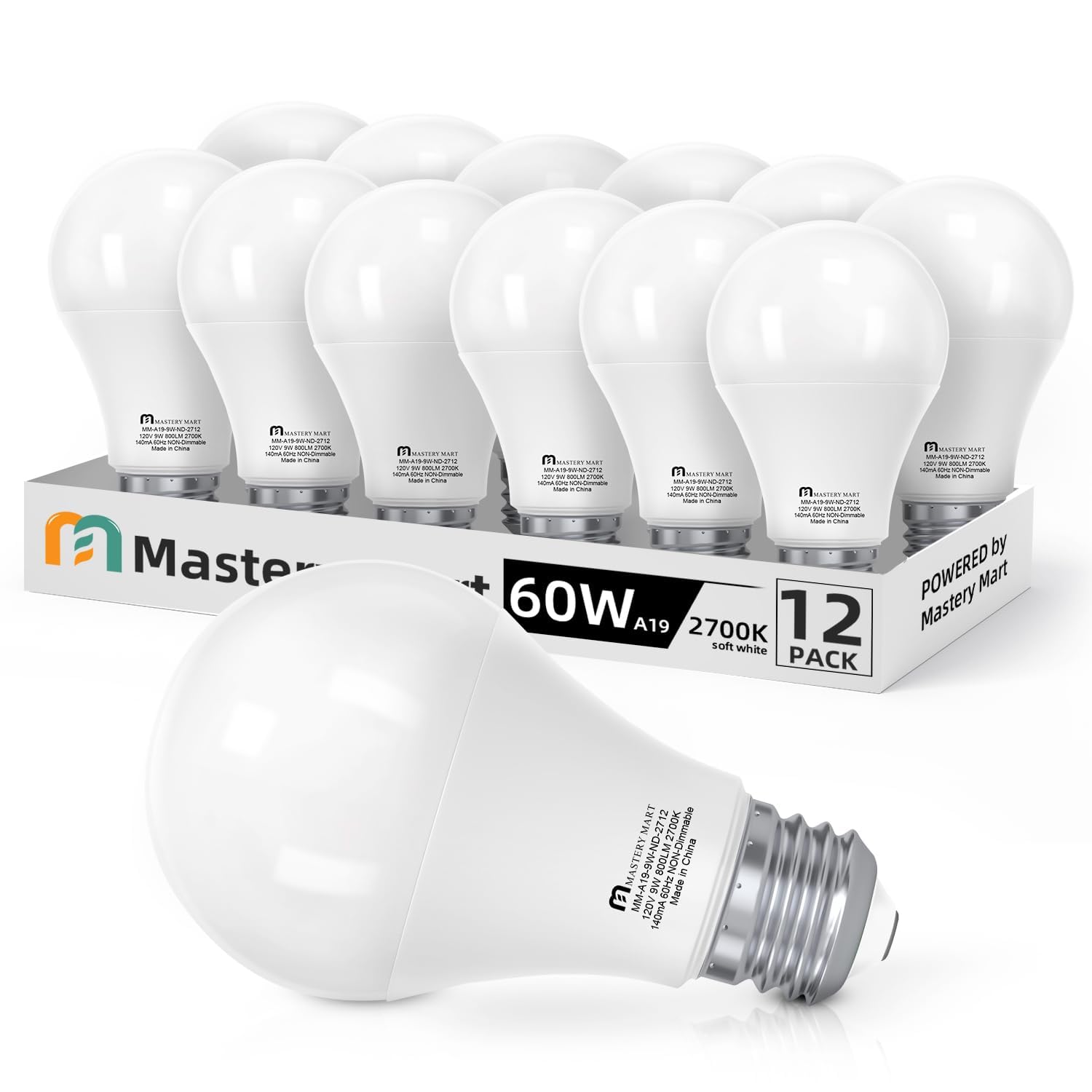 MASTERY MART A19 LED Bulbs, 60W Equivalent, 9W Non-Dimmable, 800 Lumens, Soft White 2700K, E26 Base, 12