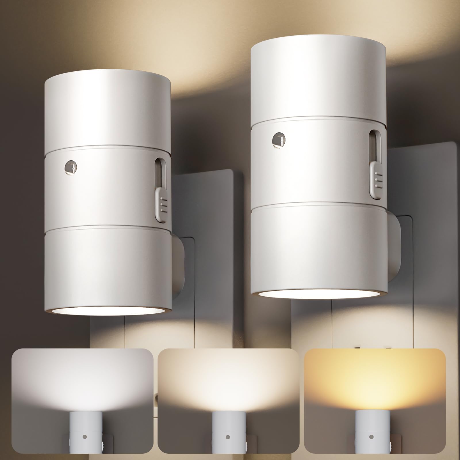 VOLISUN Dimmable LED Night Lights with Dusk to Dawn Sensor, 0-100LM, 3 Color Temps, 2 Pack, White, Model LH-XYD001