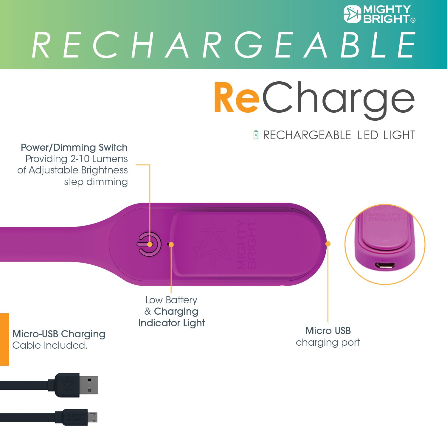 Mighty Bright Rechargeable Book Light - Warm Eye Care LEDs, Flexible, Dimmable, Purple, Model 47013, Perfect for Kids & Bookworms
