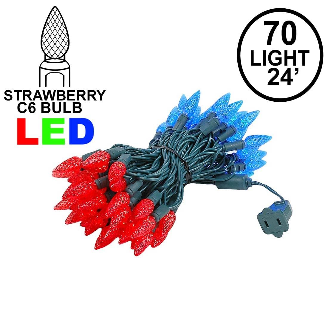 Novelty Lights C6 LED Christmas Mini Light Set, 70 Lights, Commercial Grade, 24 Feet, Red/Blue, Green Wire