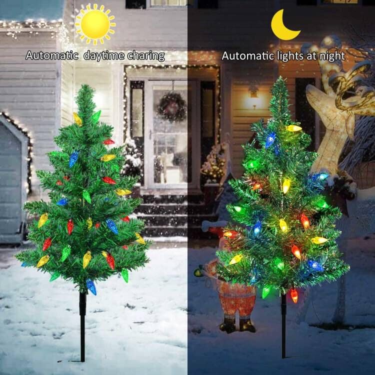 Windpnn Upgraded 4-Pack Solar Garden Stake Lights, Decorative Xmas Tree Solar Yard Stake Outdoor Waterproof Christmas Pathway Li