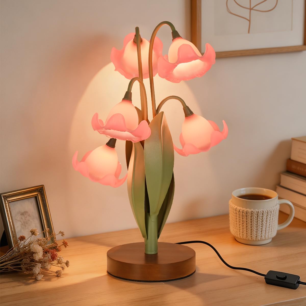 Flower Table Lamp for Bedroom, Cute Reading Light with 5 Pink Magnolia Flower of The Valley, Desk Lamp Bedside Lamps for Nightst