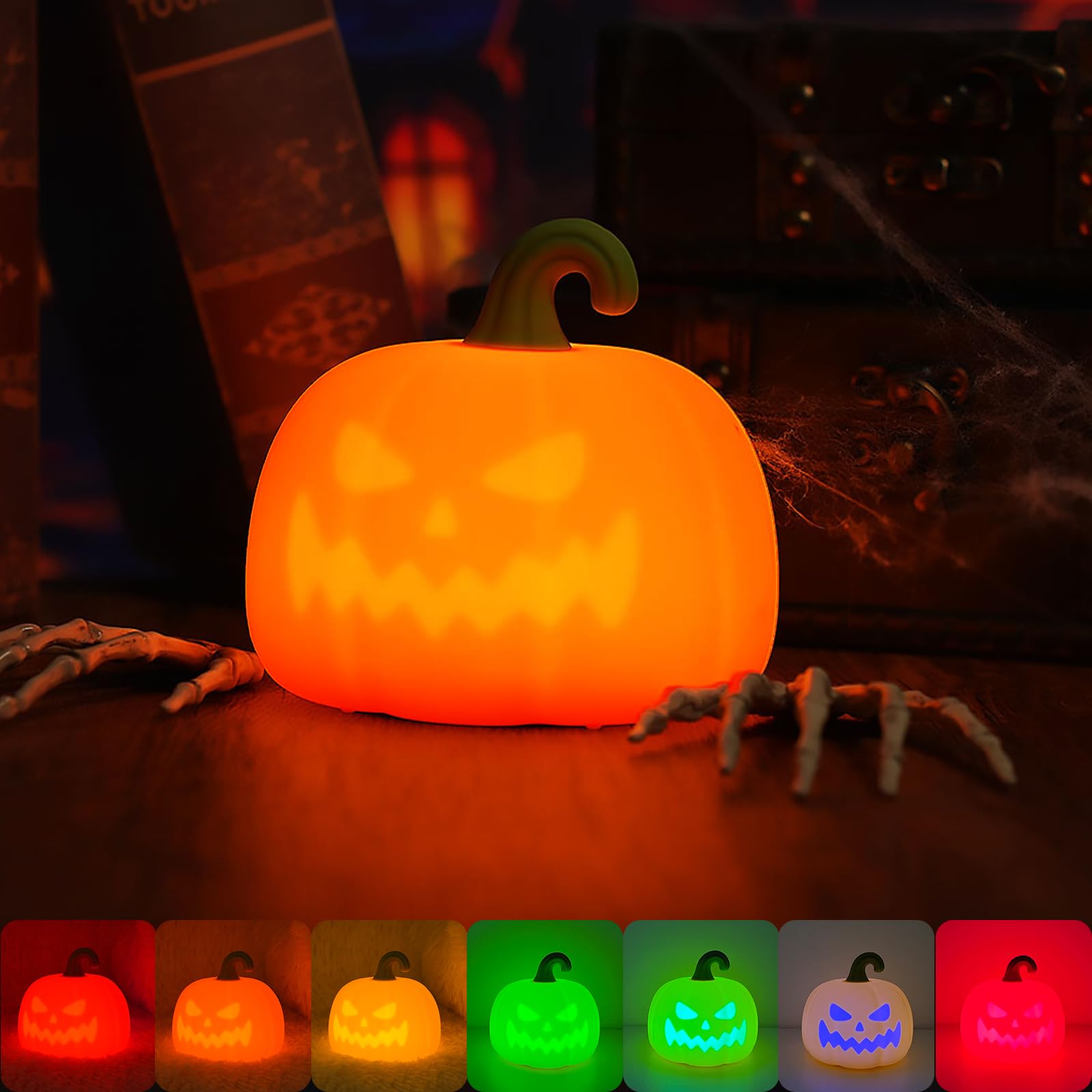 VEEKI Pumpkin Night Light for Kids, 7 Colors Halloween Pumpkin Lights Rechargeable with Timer, Dimmable Silicone Lamp Jack-o-La
