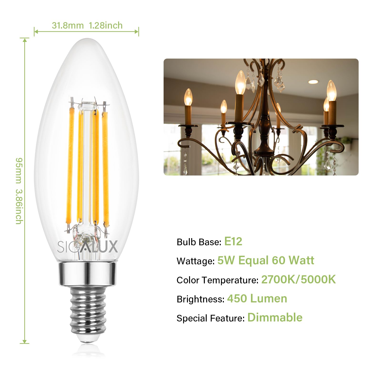 Sigalux Dimmable E12 LED Candelabra Bulbs, 60W Equivalent, 5W, 2700K Soft White, Clear Glass, 450LM, 12 Pack