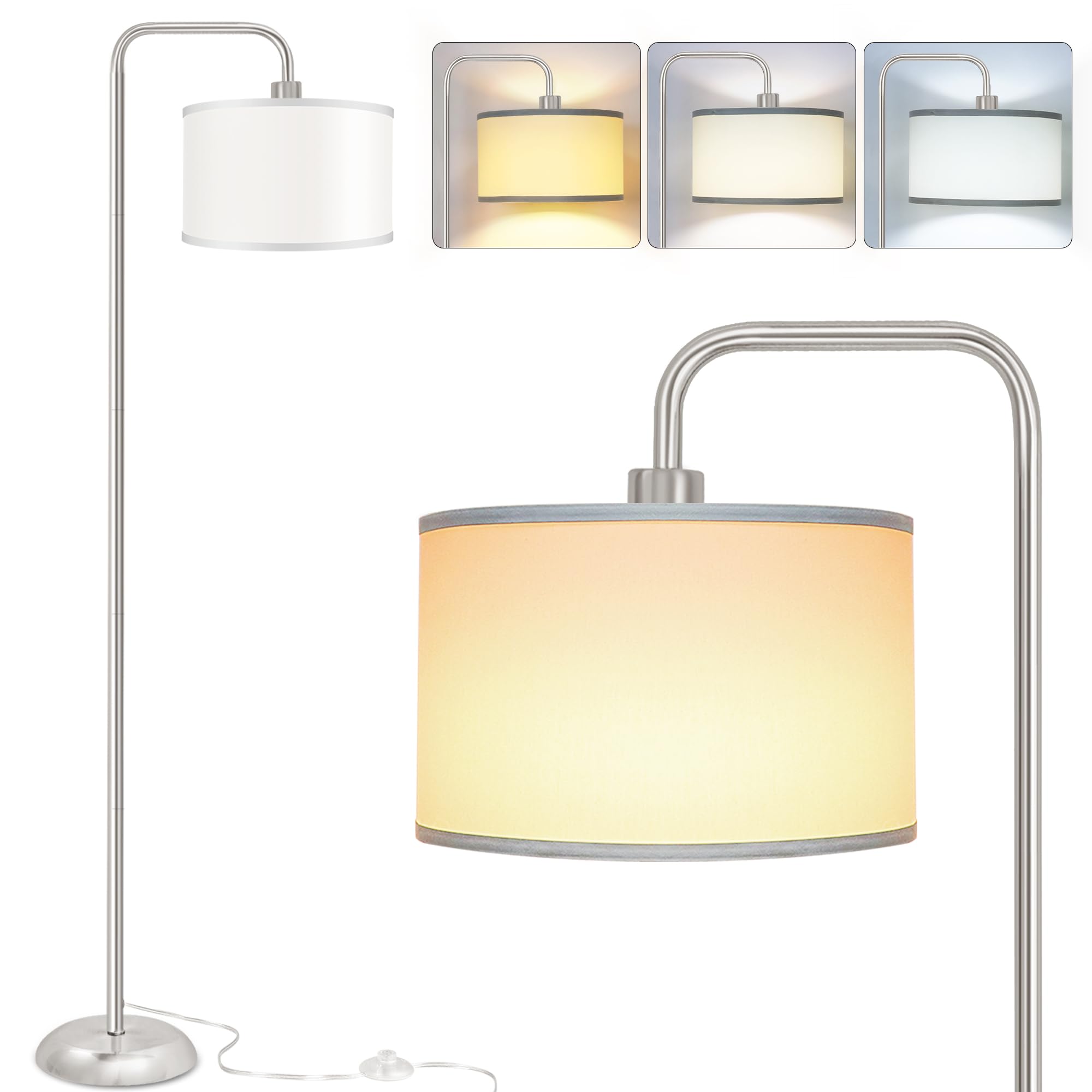 Partphoner Led Floor Lamp - 3 Color Temperatures, Modern Silver Standing Lamp With Foot Switch