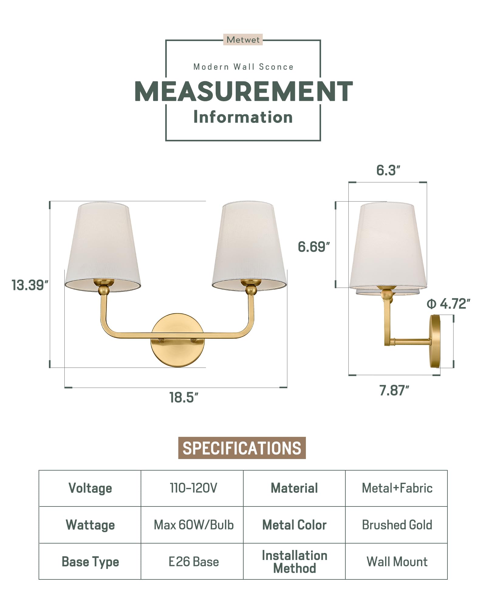 METWET 2-Light Bathroom Vanity Light, Brushed Gold Metal Sconce with White Shade, Modern Design, Model VL837-BG