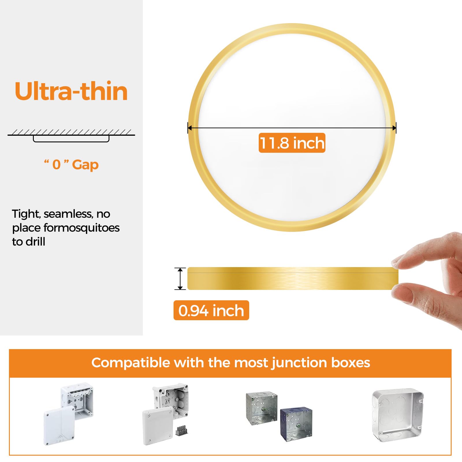 slochi LED Flush Mount Ceiling Light Fixture, 24W 3200Lm, 12 Inch, Gold, Modern Design for Kitchen, Bathroom, and Laundry