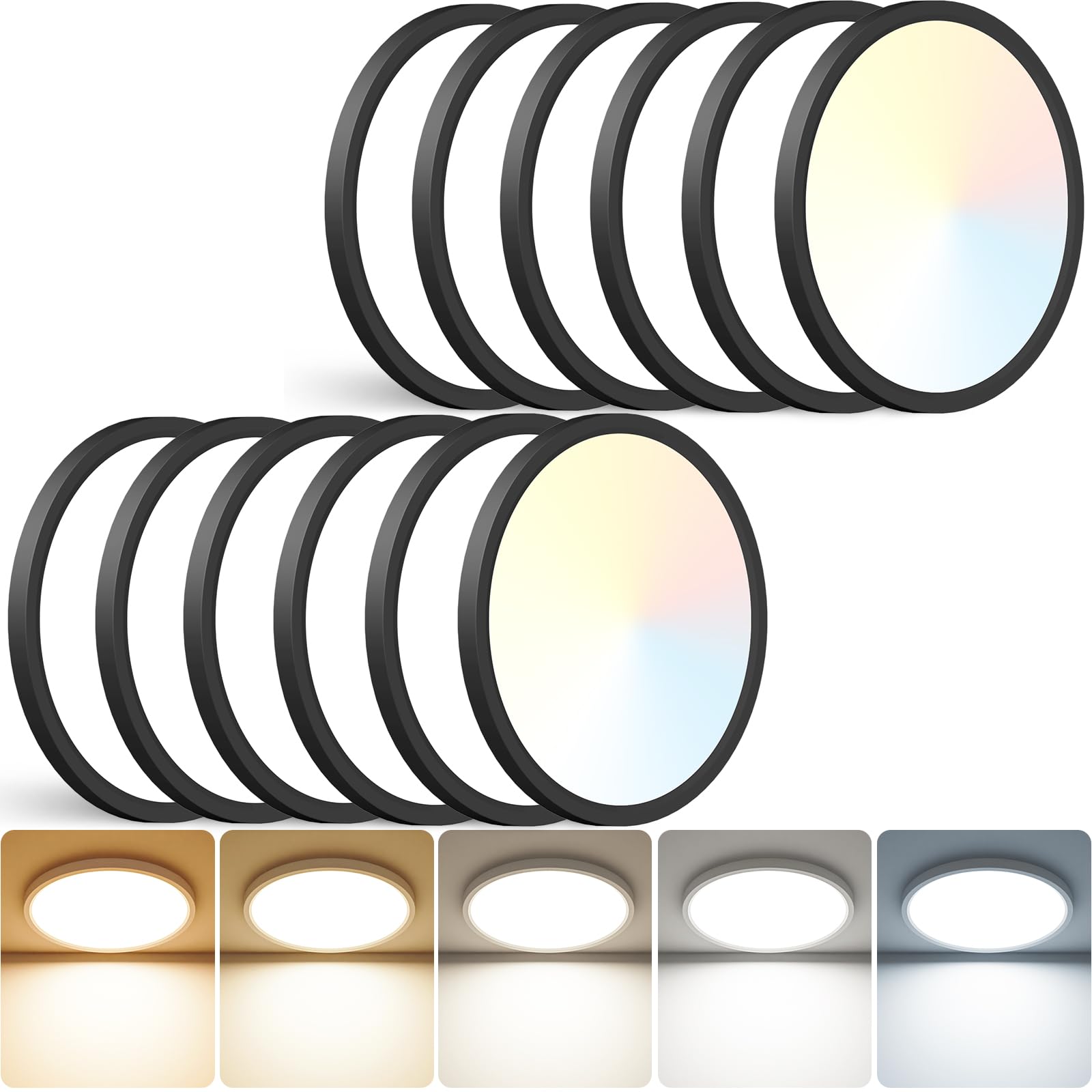 Peasur LED Ceiling Light Fixture, 3000K-6500K Adjustable, 28W, 3200LM, 12 Inch, Black, Model CL62A-12-BK