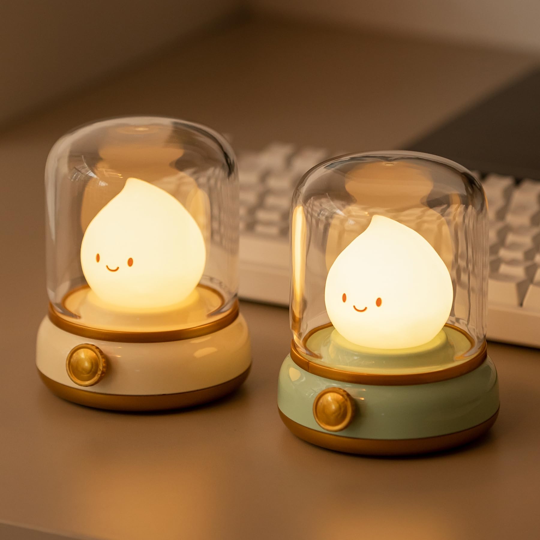 WANIDEA Cute Chibi Flame Lamp, Anime Cozy Lights, Retro Rechargeable Night Light, Decor, Cute Desk Accessories, Gifts 2 Pack (Ye