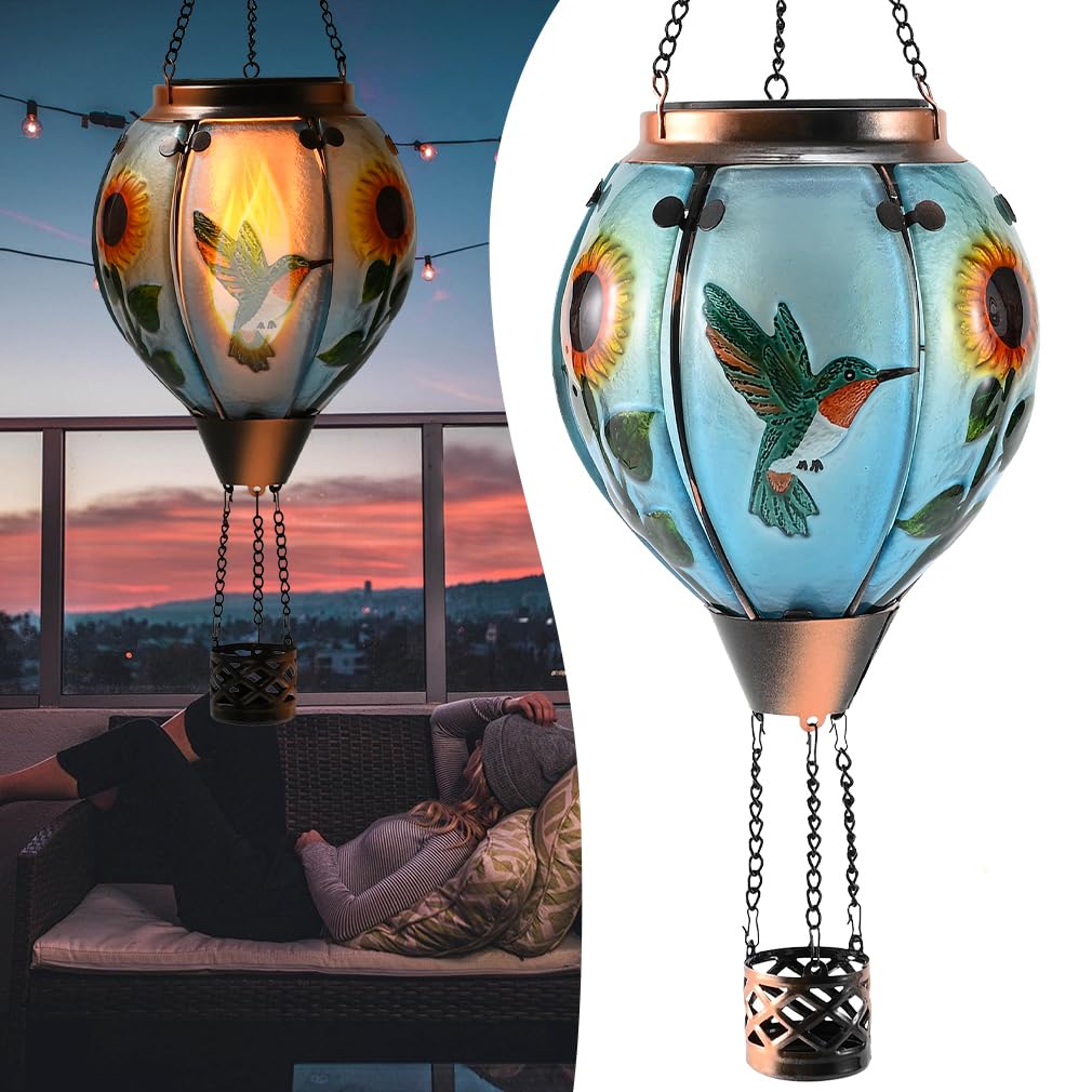 Hot Air Balloon Solar Lantern - Large Hummingbird Glass Lantern  Simulated Flickering & Dancing Flame  Outdoor Hanging Sunflower Yard Light Waterproof Ip65 For Patio Lawn Porch Decor Gift