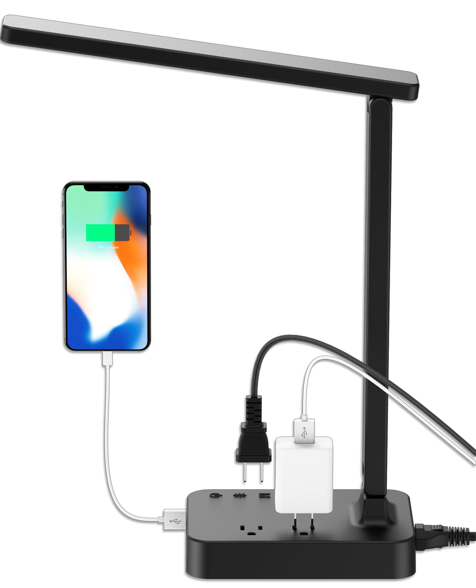 Drevet LED Desk Lamp with USB Charging, 2 AC Outlets, 3 Lighting Modes, Touch Control, Black, Model H04-1U