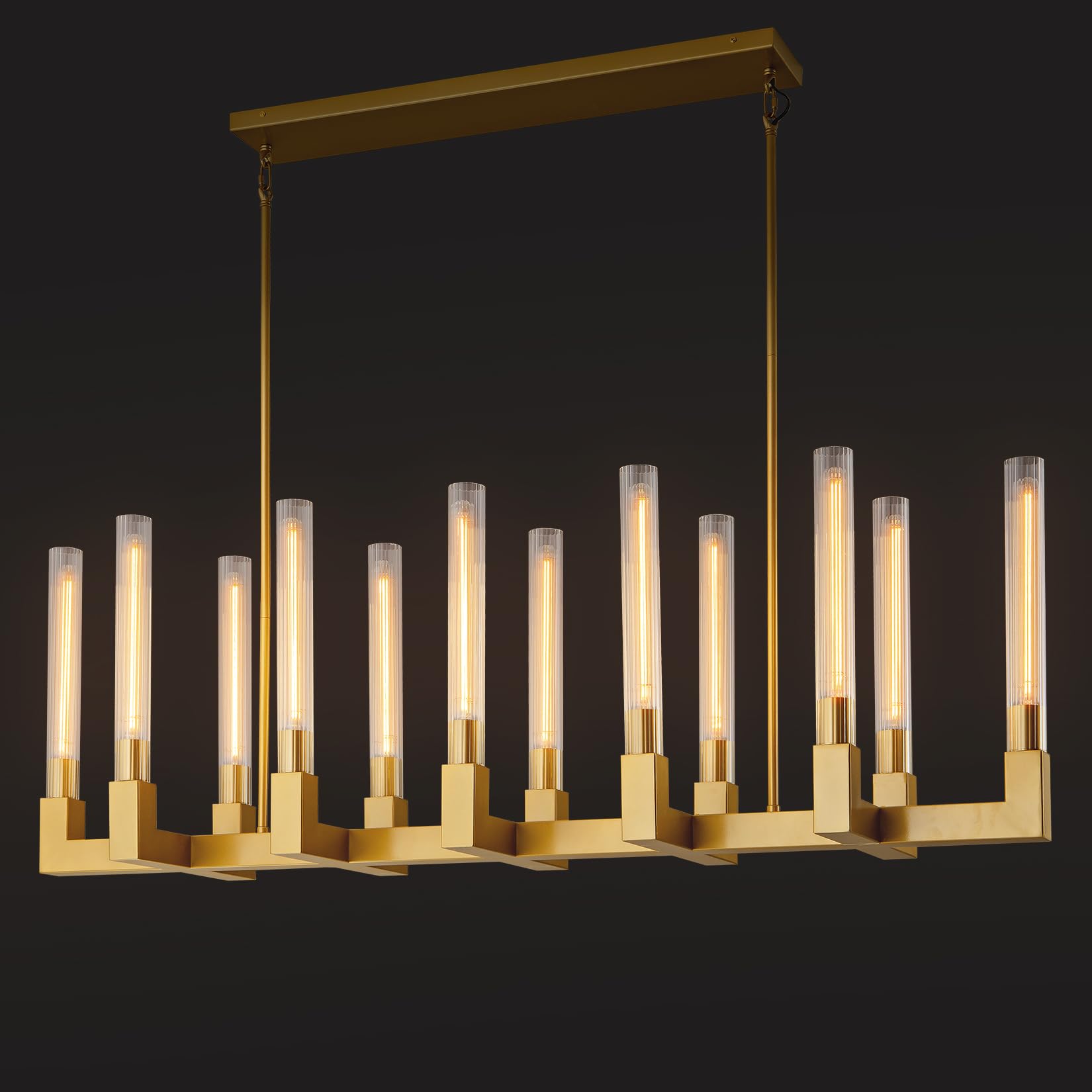 YUEXPAND Farmhouse Chandelier with Glass Tube, Gold 12-Lights Modern Chandeliers Over Table 54''Rectangular Luxurious Large Ceil