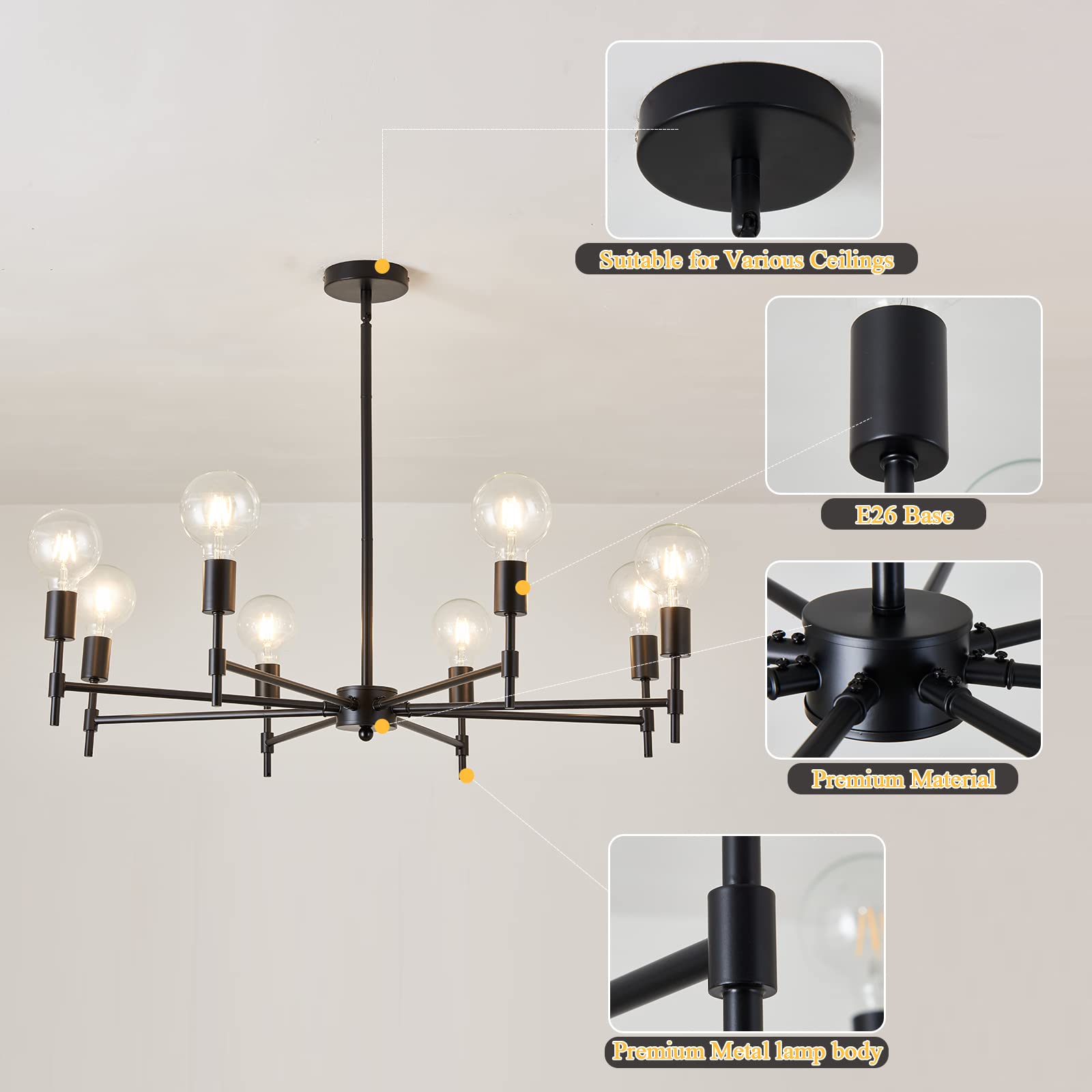 ASGYISA 8-Light Black Sputnik Chandelier, Industrial Flush Mount Ceiling Light, 34inch, Modern Design for Home, Kitchen, Dining Room