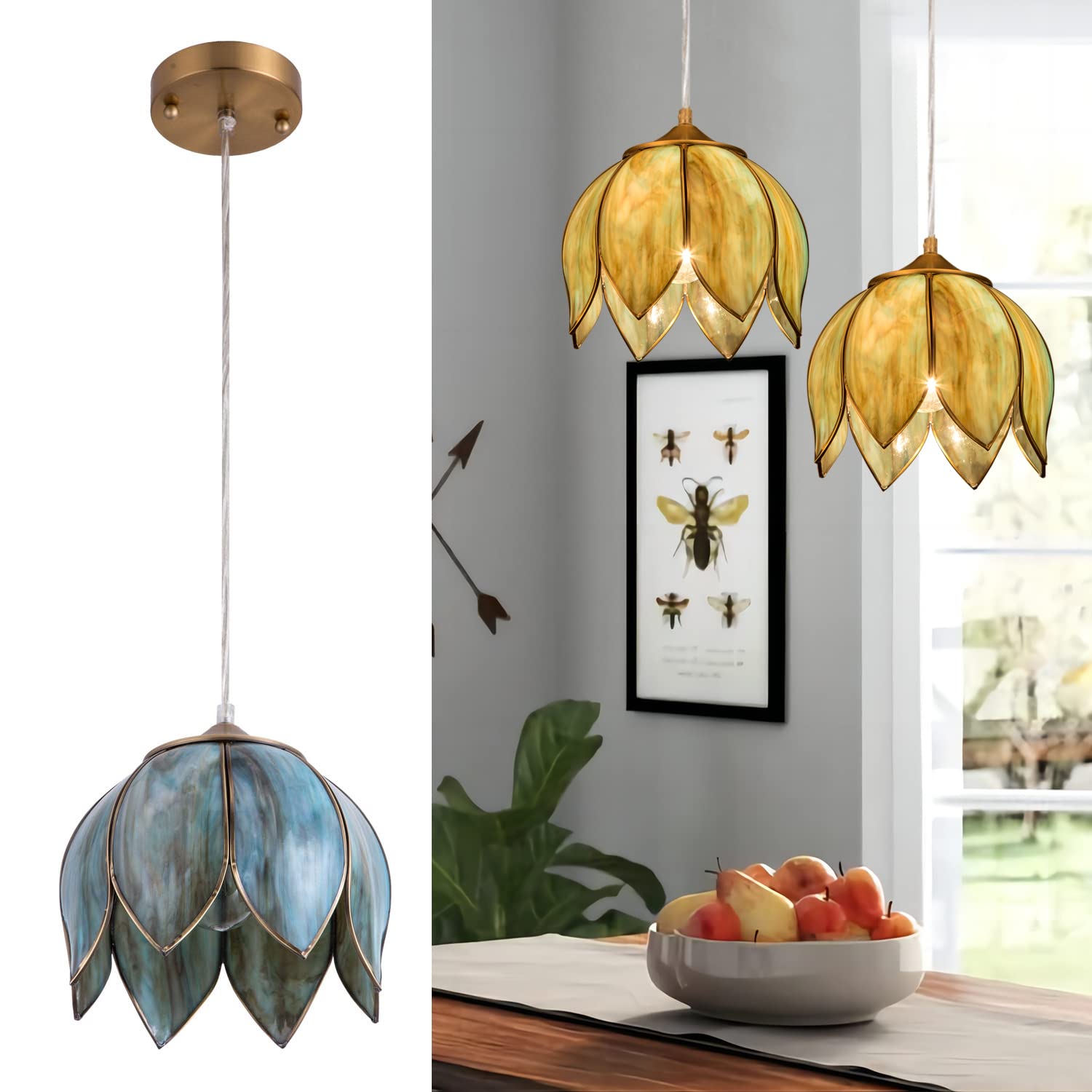 Yifi Deco Pendant Lighting Vintage Oriental Lotus Brass Ceiling Pendant Light Fixture Mixed Blue-Green Glass Hanging Lamp for Ki