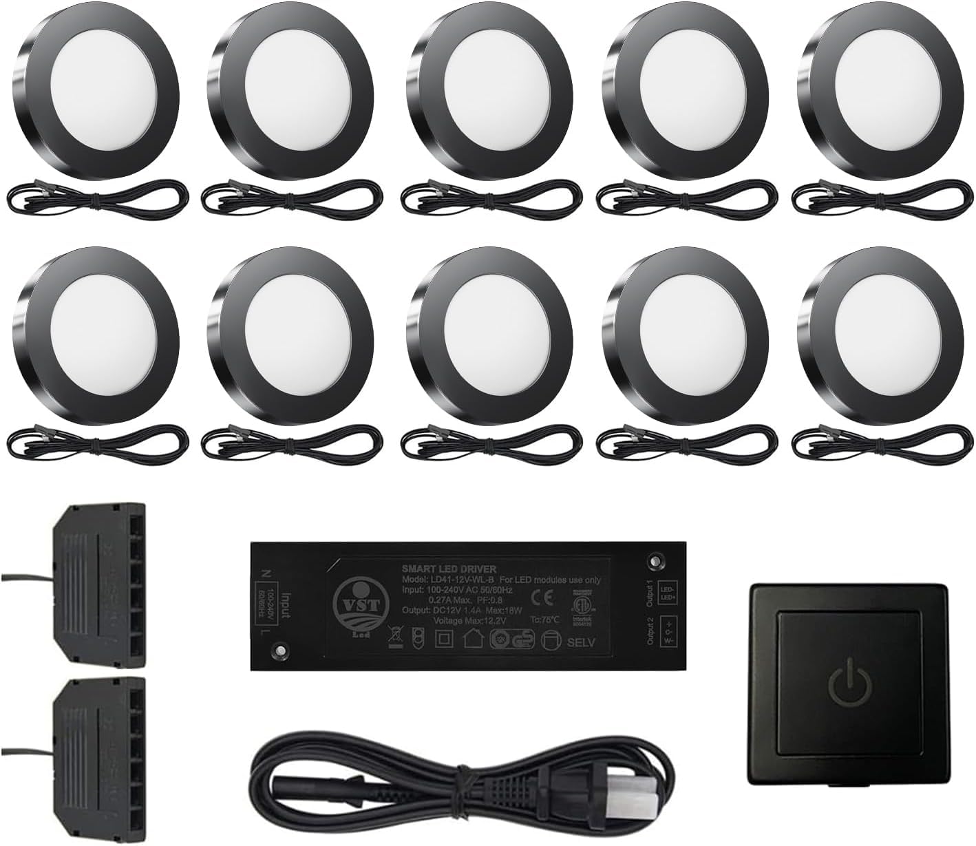 VST Under Cabinet Lighting Puck Lights, 3000K Warm White, 12V 2W, Black 10 Pack, Wired Touch Dimmer Switch, Model PL05