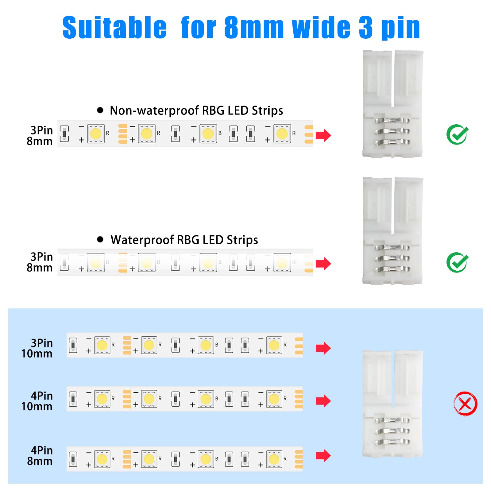 20Pcs 3-Pin 8Mm Led Strip Lights Connectors - Solderless, Extendable Terminal Adapters For Ws2811 & Ws2812 &Ws2812B Rgb Led Stri