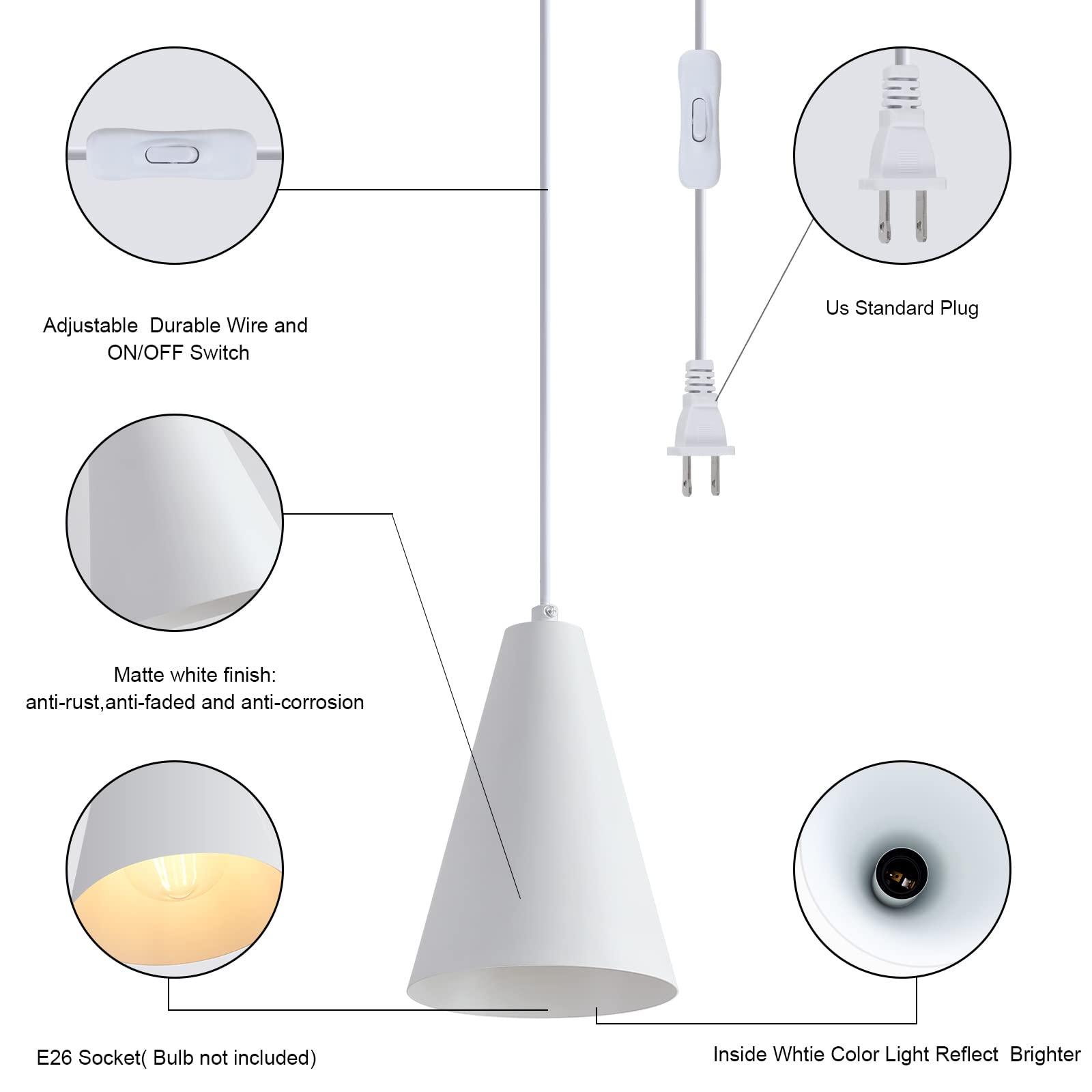 Dijiahua White Plug In Pendant Light, Metal Shade, Modern Farmhouse Chandelier, 1 Pack, Model P-JDH056