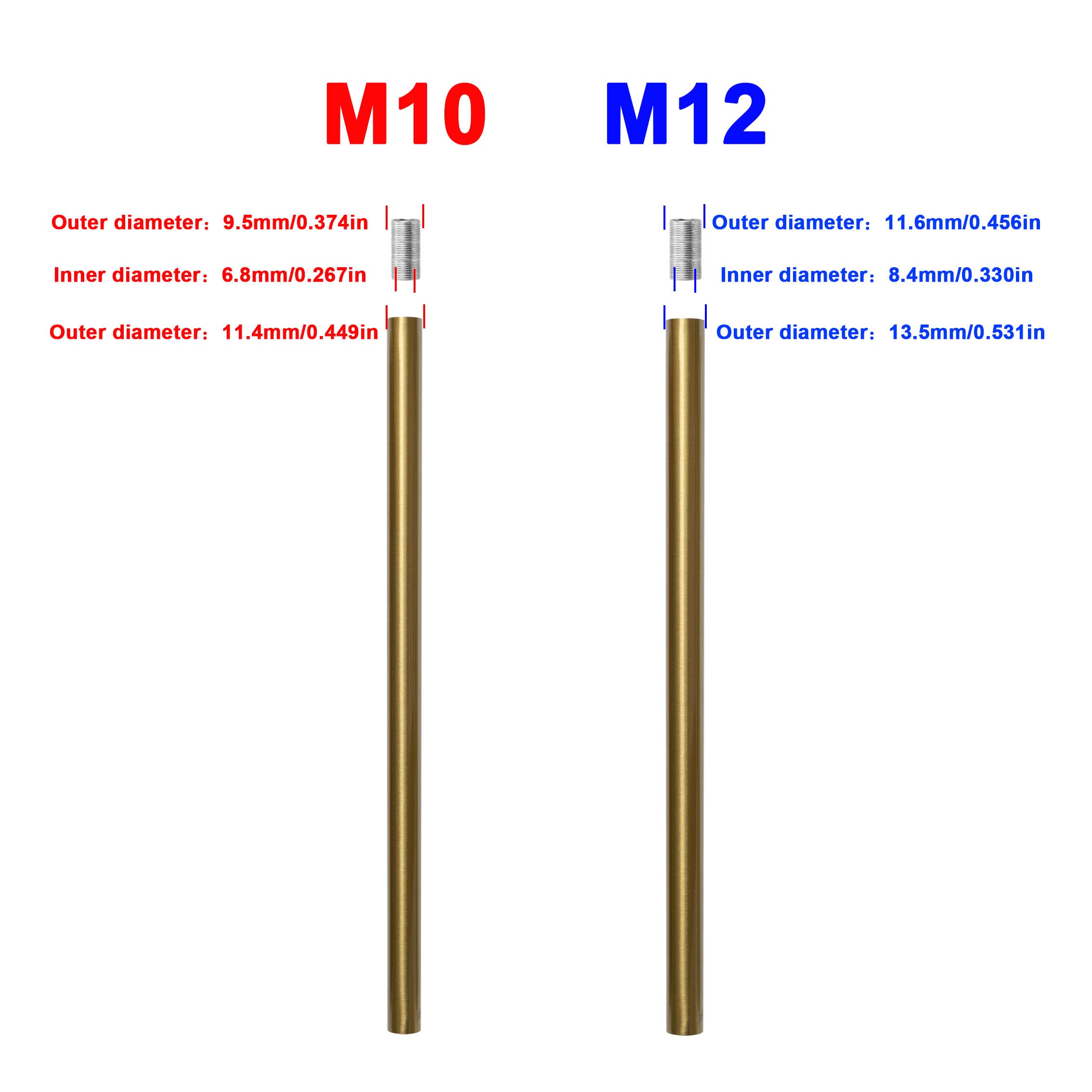 Haligate M12 Threaded Extension Rod for Pendant Light, 12" Brushed Brass, Model HALIGATE-YCG-M12-GOLD