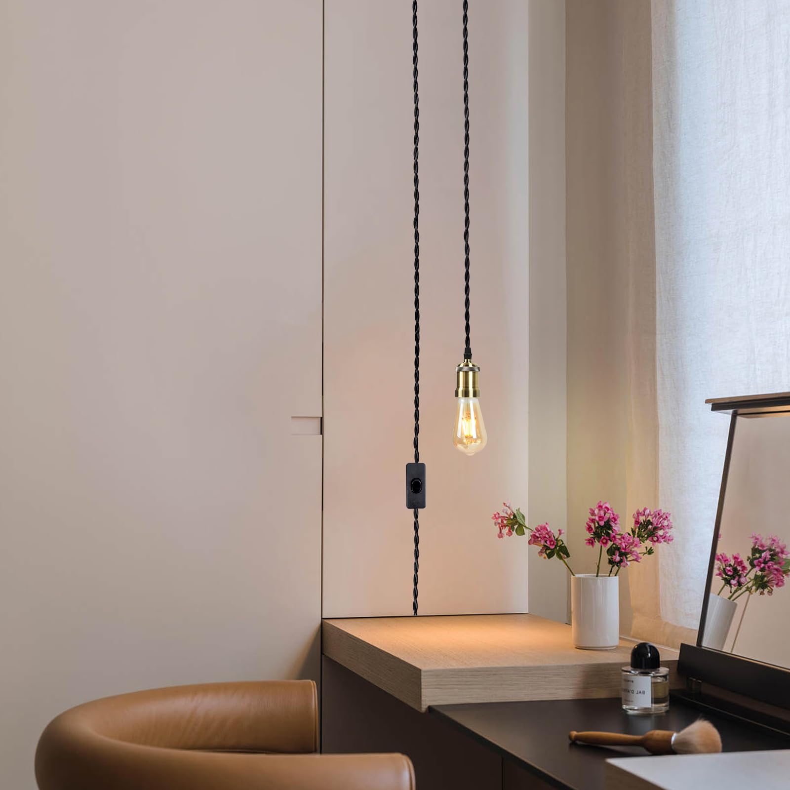 Plug In Pendant Light Cord Hanging Light Kit With Switch,Farmhouse Hanging Lights 19.68 Ft Power Cord Length,Hemp Rope Plug In B