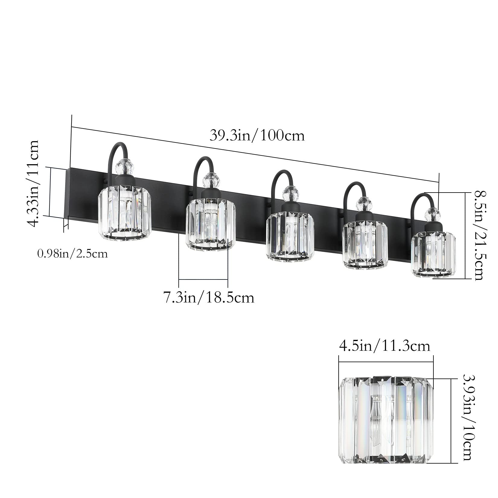 Ralbay Modern Crystal Vanity Light 5-Lights, Matte Black, Metal, Model 8600, Bathroom Wall Fixtures