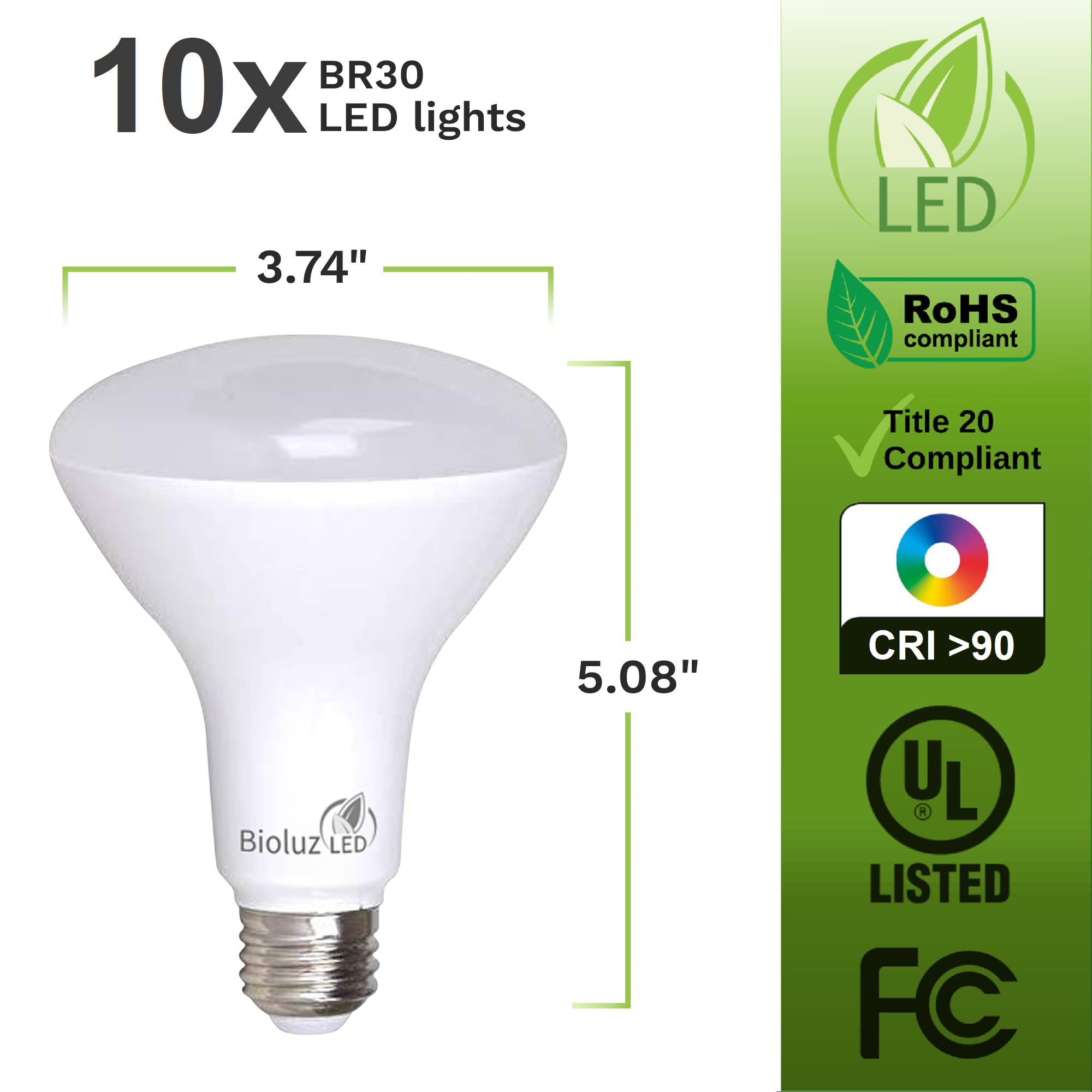 Bioluz Led 10 Pack 90 Cri Br30 Flood Light Bulbs Indoor Outdoor Instant On Dimmable Cool White 4000K 65-95 Watt Replacement Usin