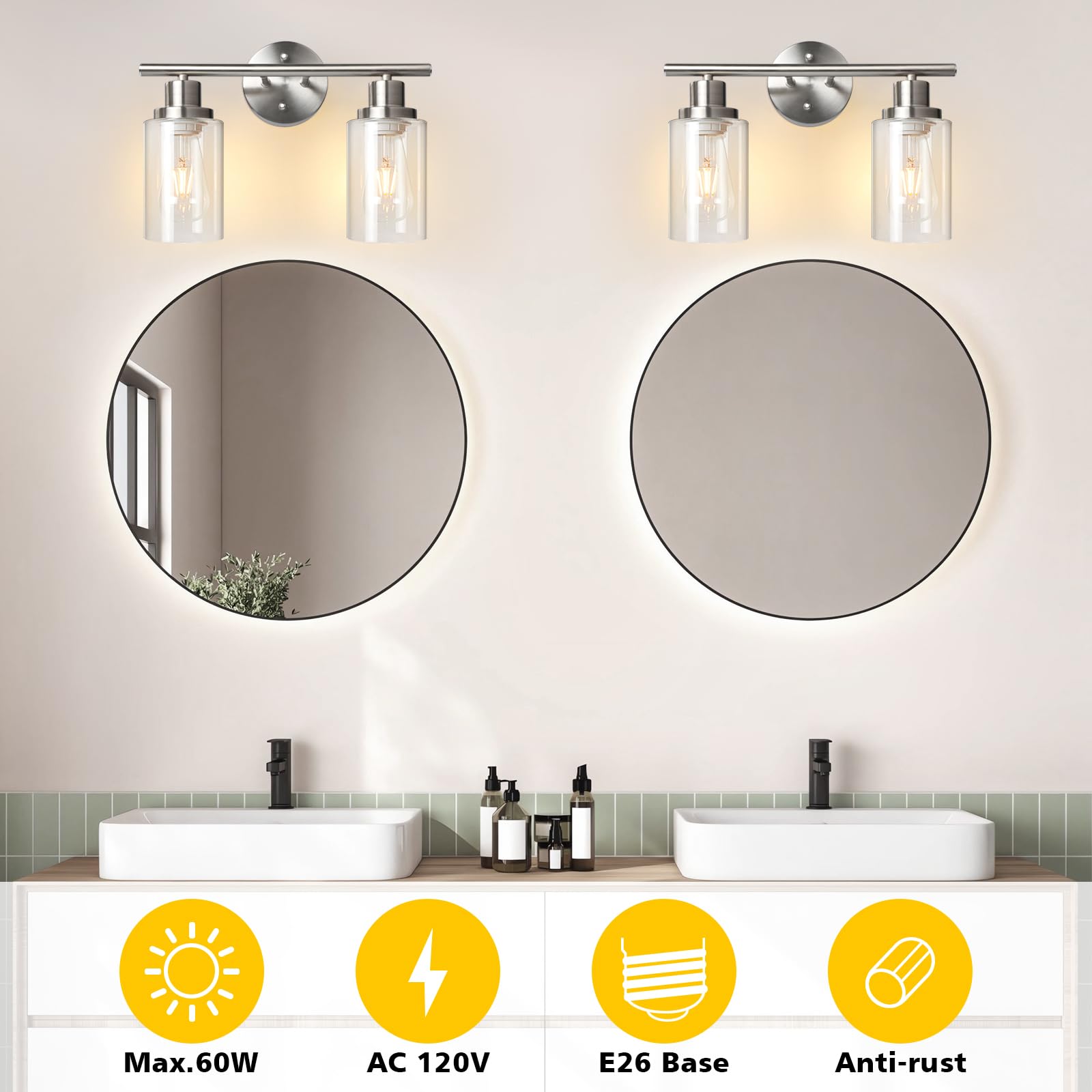 Unicozin 2 Light Vanity Lights, Matt Nickel Wall Sconce with Clear Glass, E26 Base, Bathroom Lighting Fixture