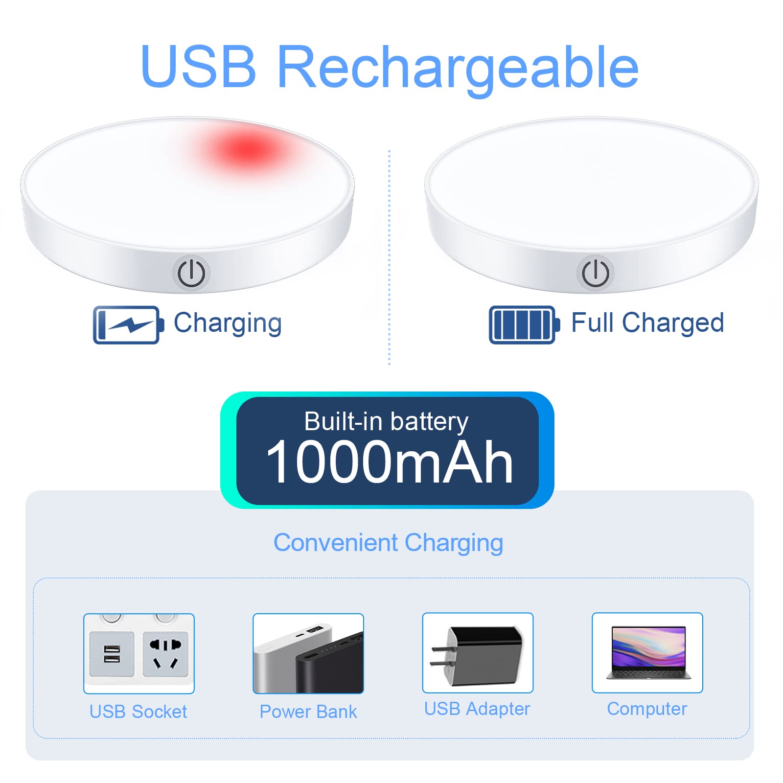 Ferswe Dimmable Rechargeable Tap Lights, 1000Mah Battery, 2-Pack For Closet & Bedroom