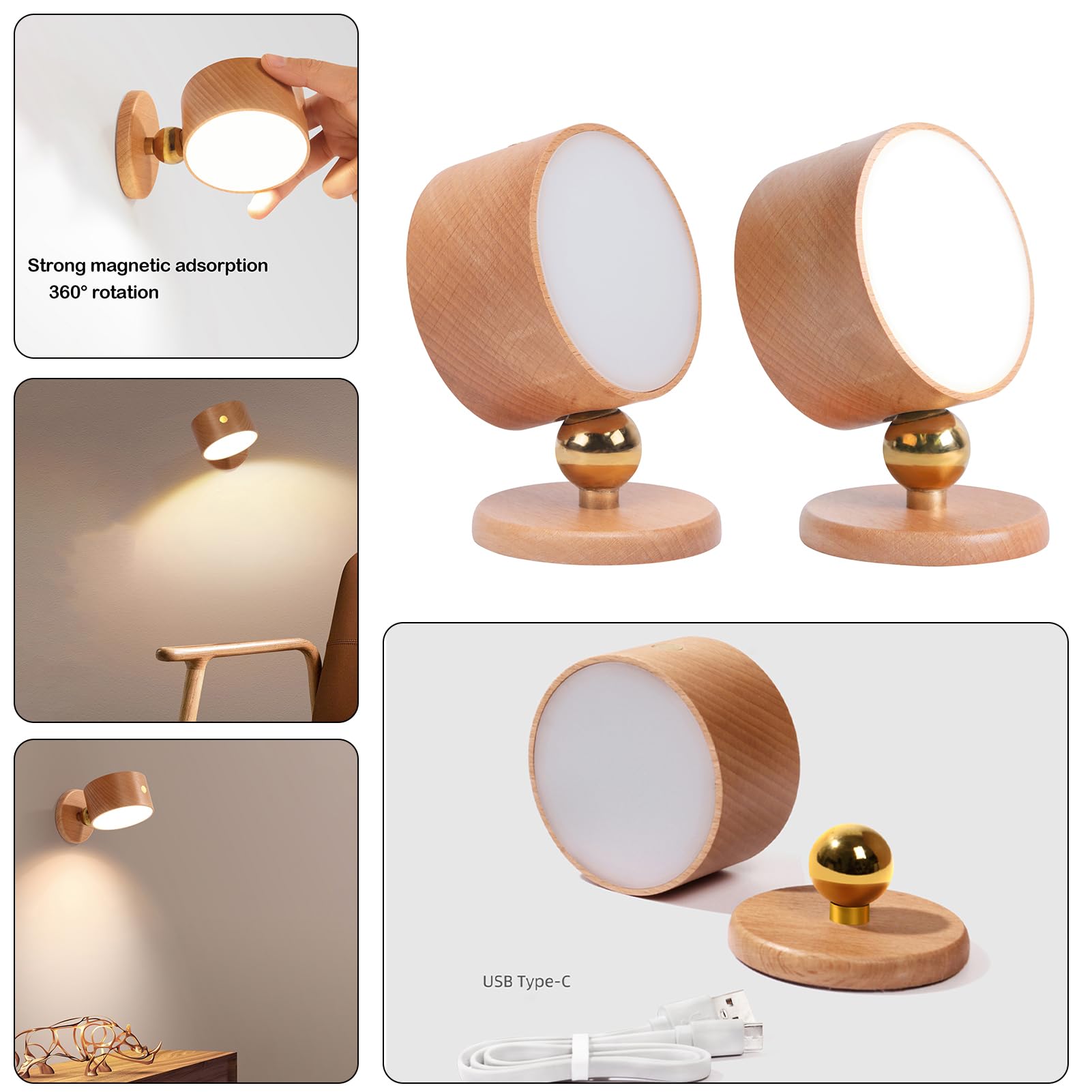HBGFHG Wooden LED Wall Sconce, 360° Rotatable, Dimmable, Rechargeable, Battery Operated, Beech Wood, 2pcs, Model NO-HB01300