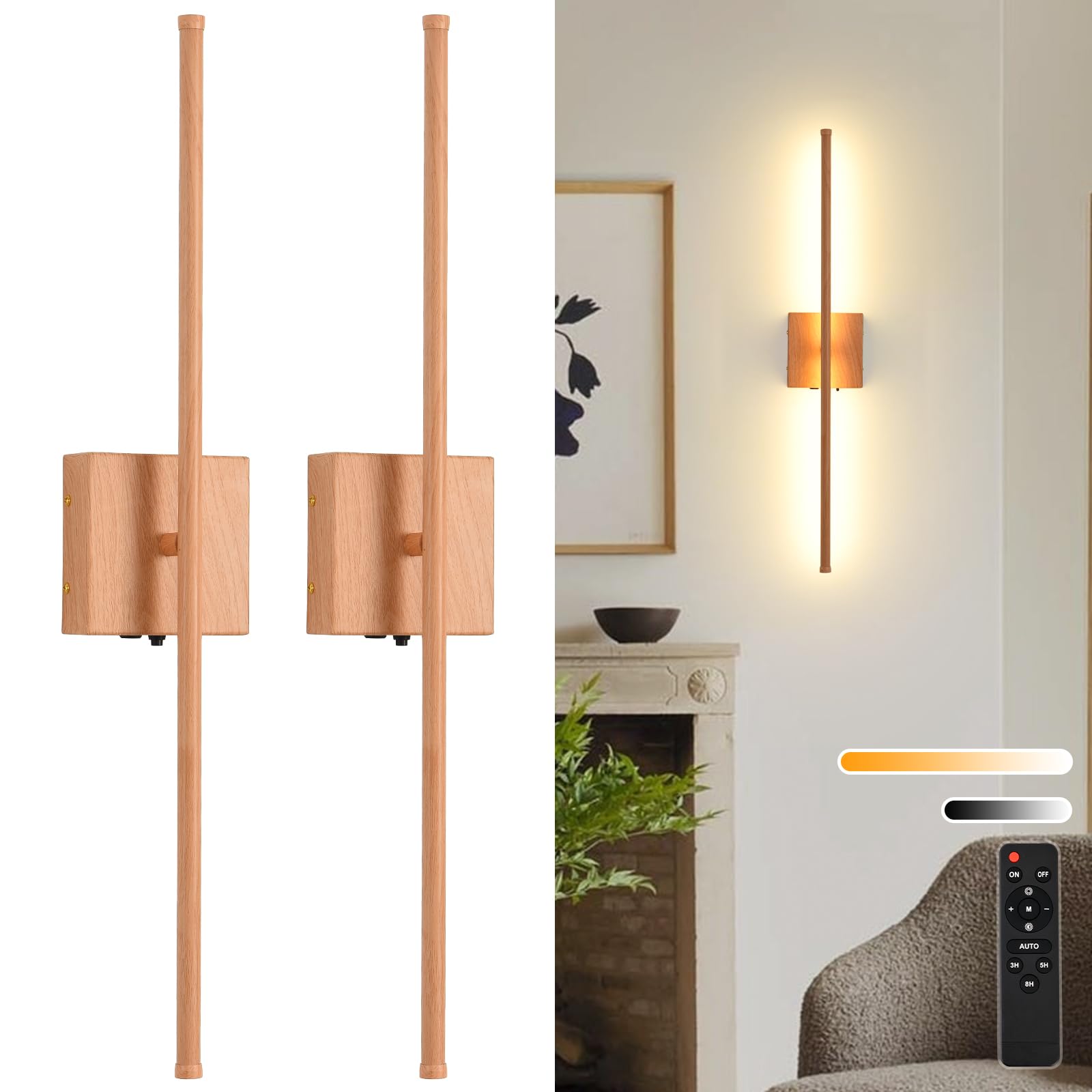 LED Battery Operated Wall Sconces, 11000mAh Faux Wood Texture Finish Wireless Wall Lights with Remote, 350Rotate Dimmable Wall L