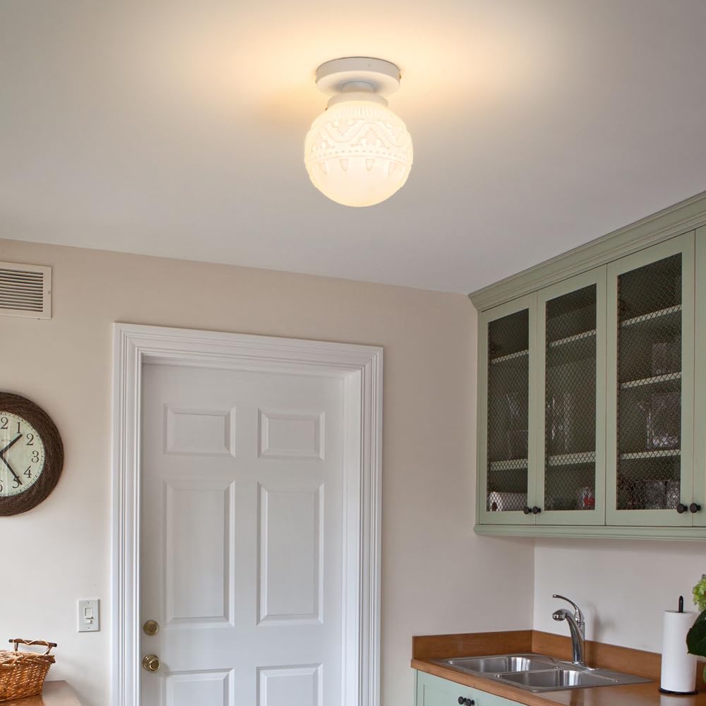 Daunton Semi Flush Mount Ceiling Light, White Hallway Fixture, Vintage With Milky Glass Globe, Close To Ceiling Indoor Hanging L