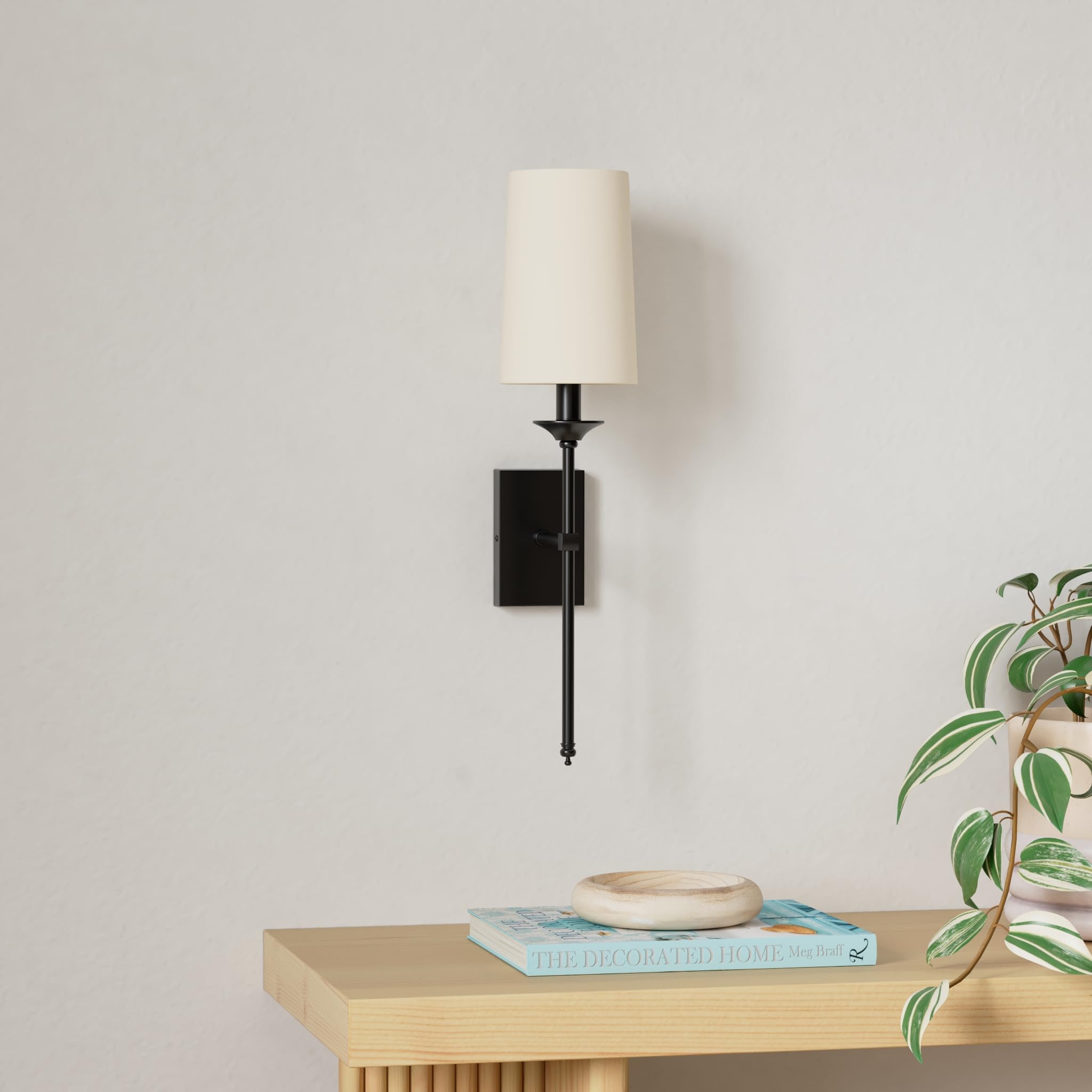 TERLEENART Rechargeable Wall Sconces Set of 2, Modern Candlestick Style, Pure White Fabric Shade, Black Slim Stem, Model TER-715-01-DP